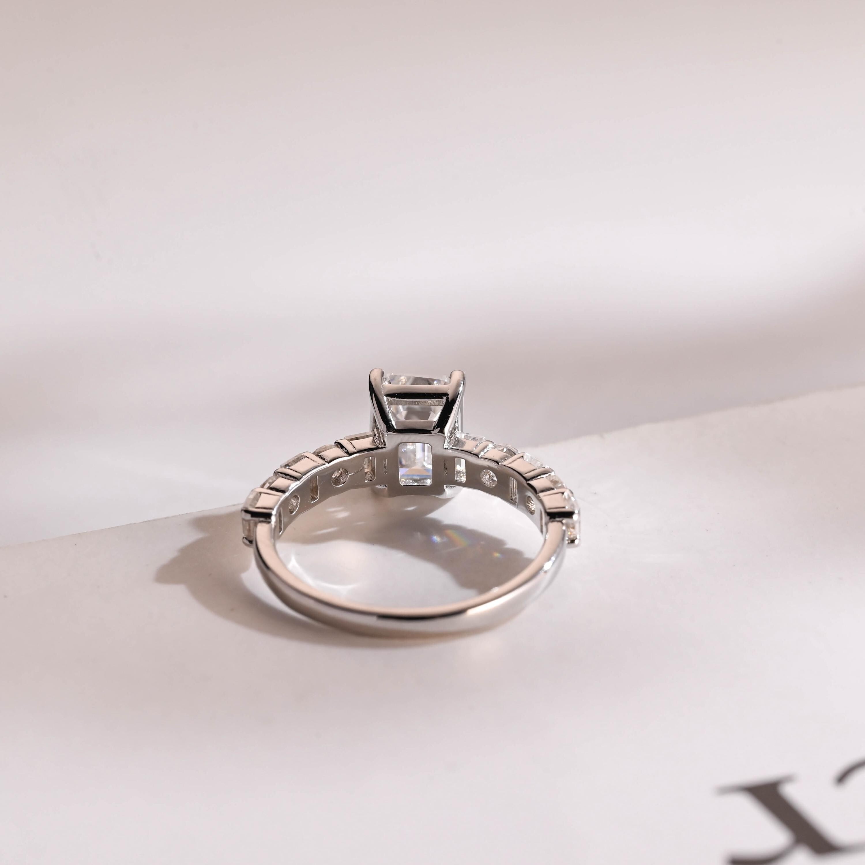 Solid Gold Emerald Cut Moissanite Engagement Ring, Half Pave Promise Ring