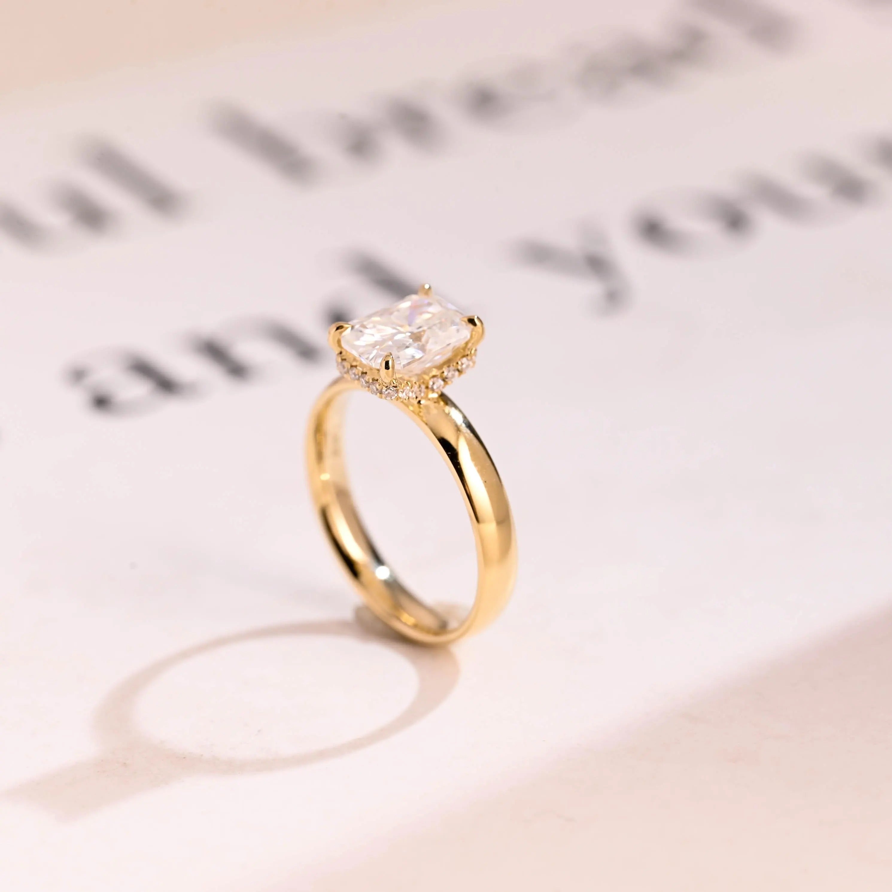 Solid Gold Band Radiant Cut Moissanite Engagement Ring, Promise Ring