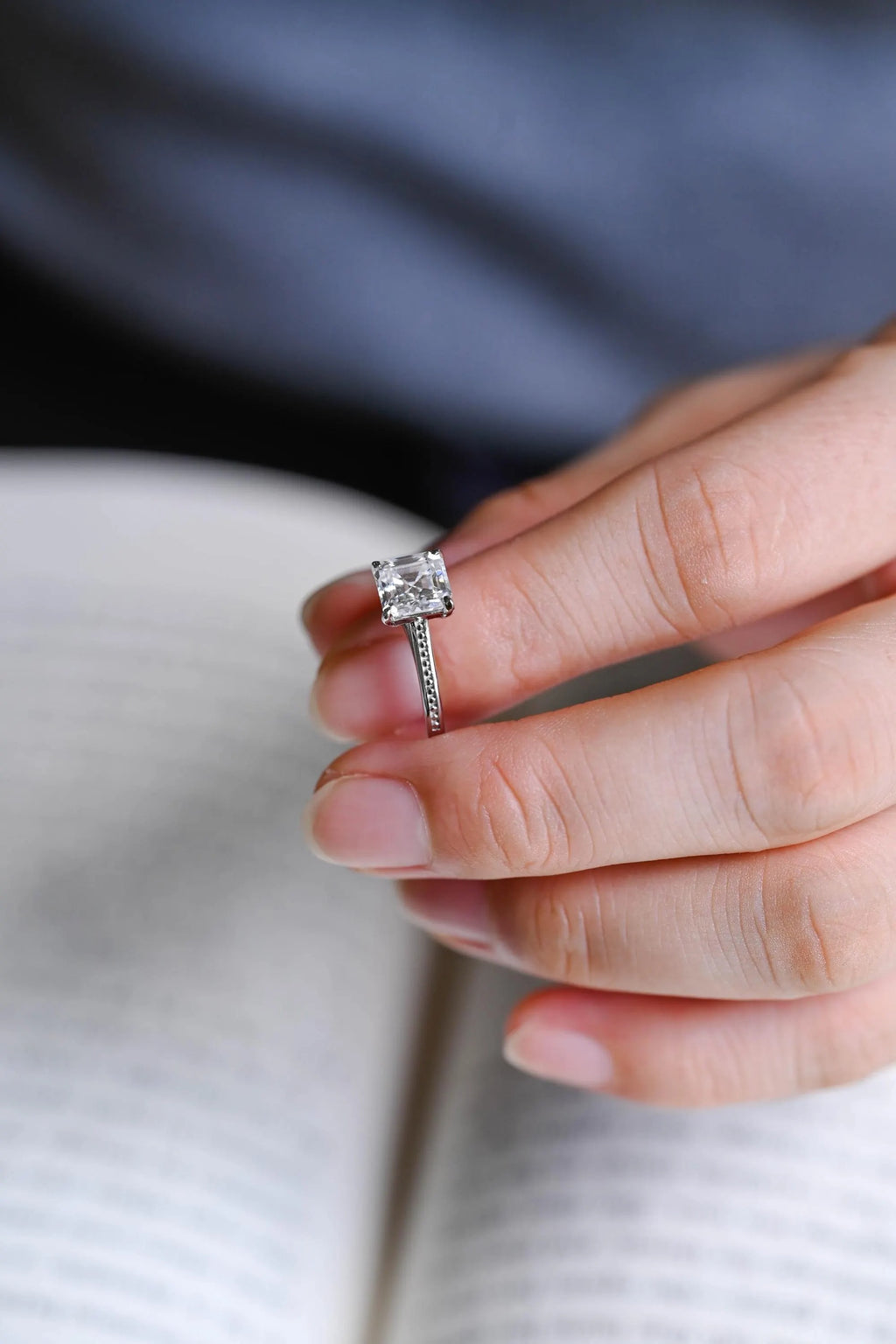 Solid Gold Asscher Cut Moissanite Engagement Ring, Promise Ring, Gift for Her