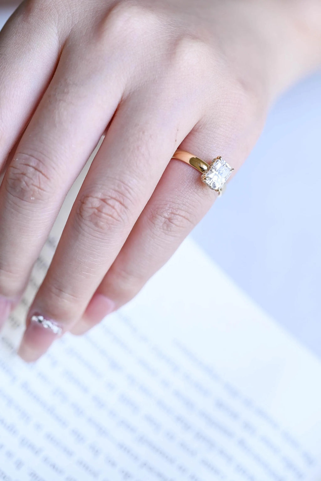 Solid Gold Band Radiant Cut Moissanite Engagement Ring, Promise Ring