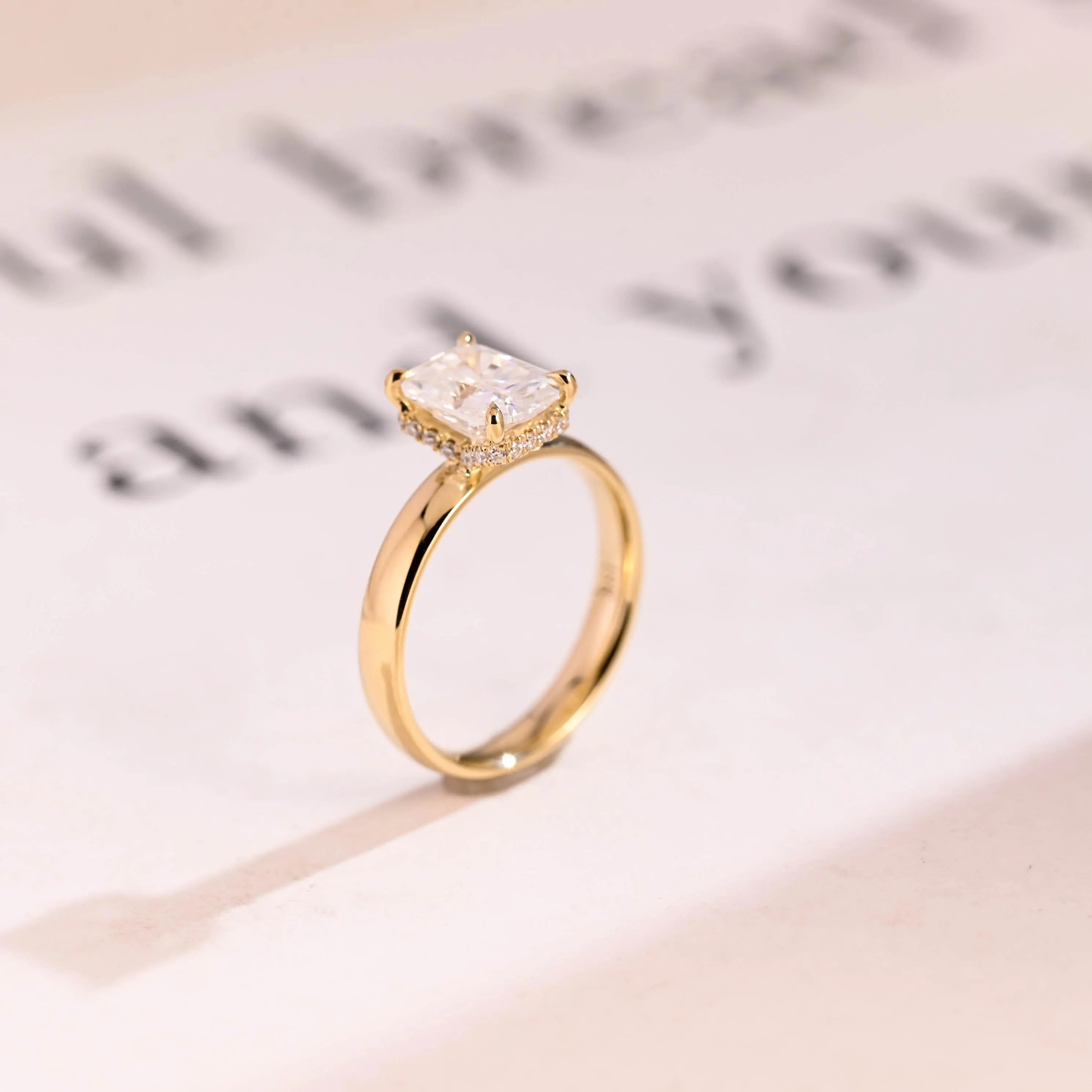 Solid Gold Band Radiant Cut Moissanite Engagement Ring, Promise Ring
