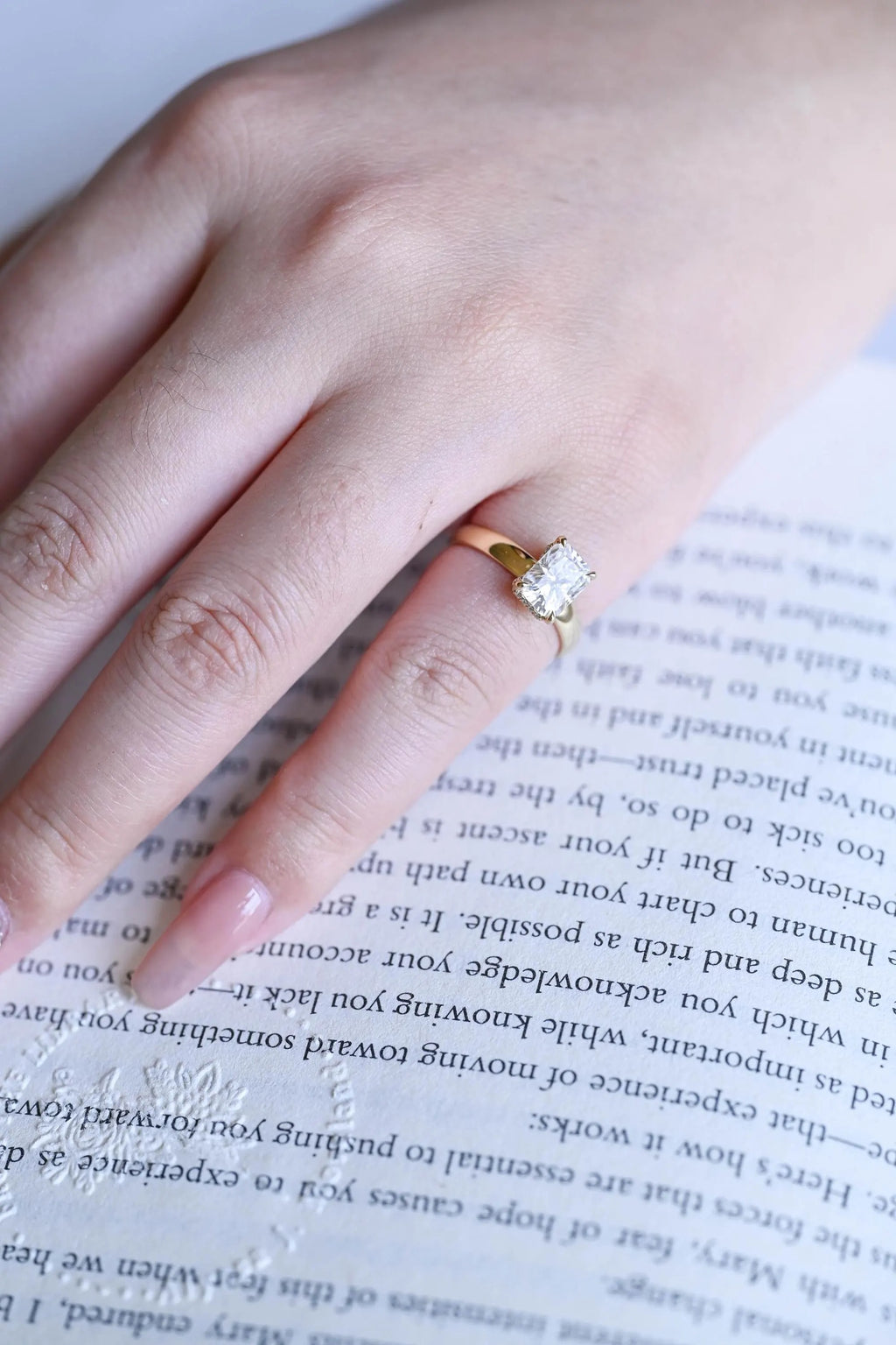 Solid Gold Band Radiant Cut Moissanite Engagement Ring, Promise Ring