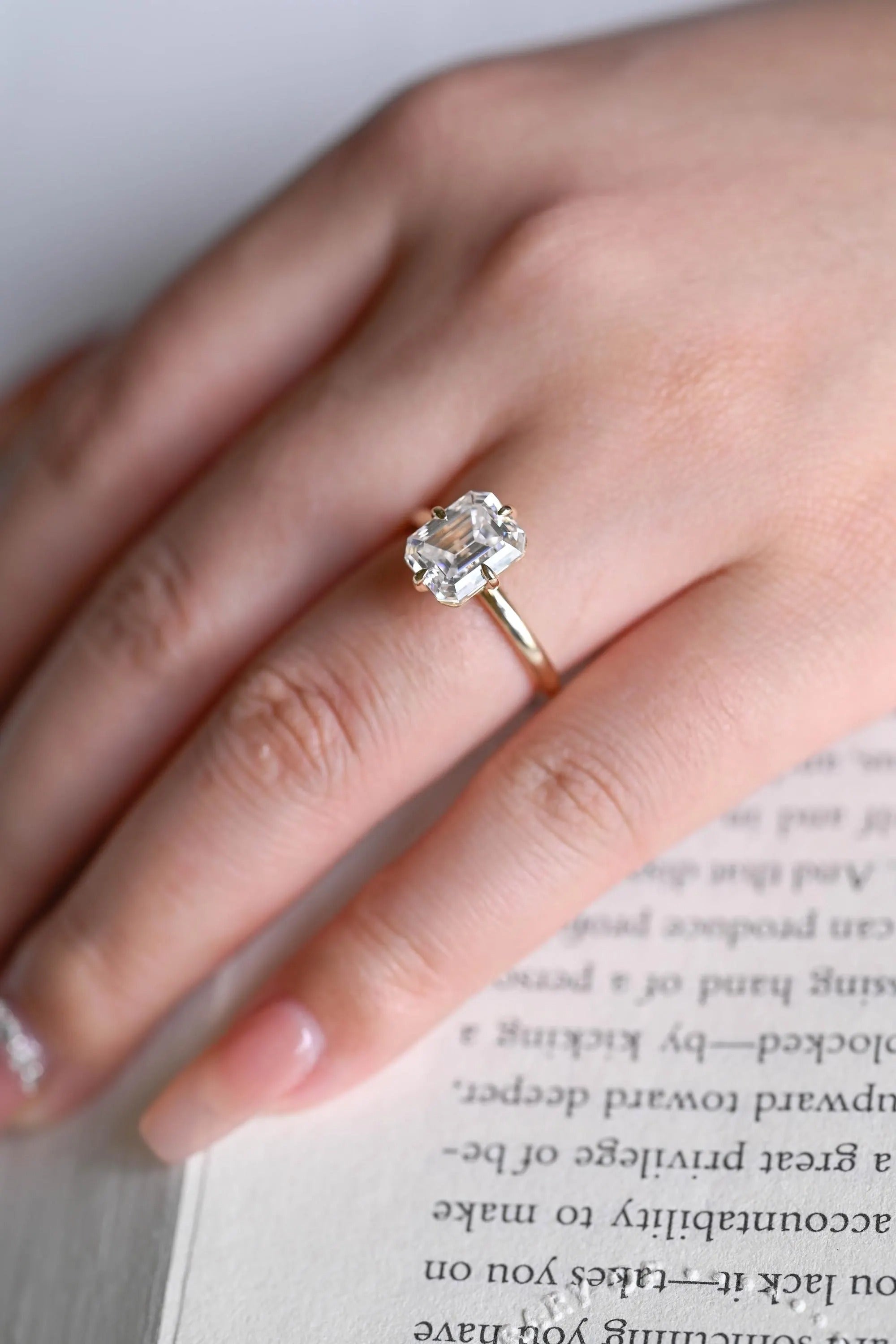 Solid Gold Minimalist Emerald Cut Moissanite Engagement Ring, Anniversary Gift