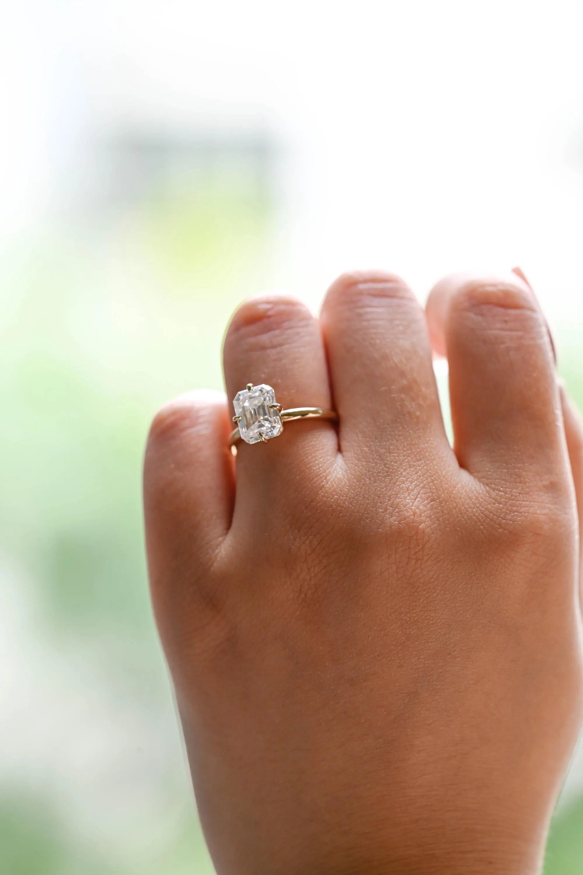 Solid Gold Minimalist Emerald Cut Moissanite Engagement Ring, Anniversary Gift