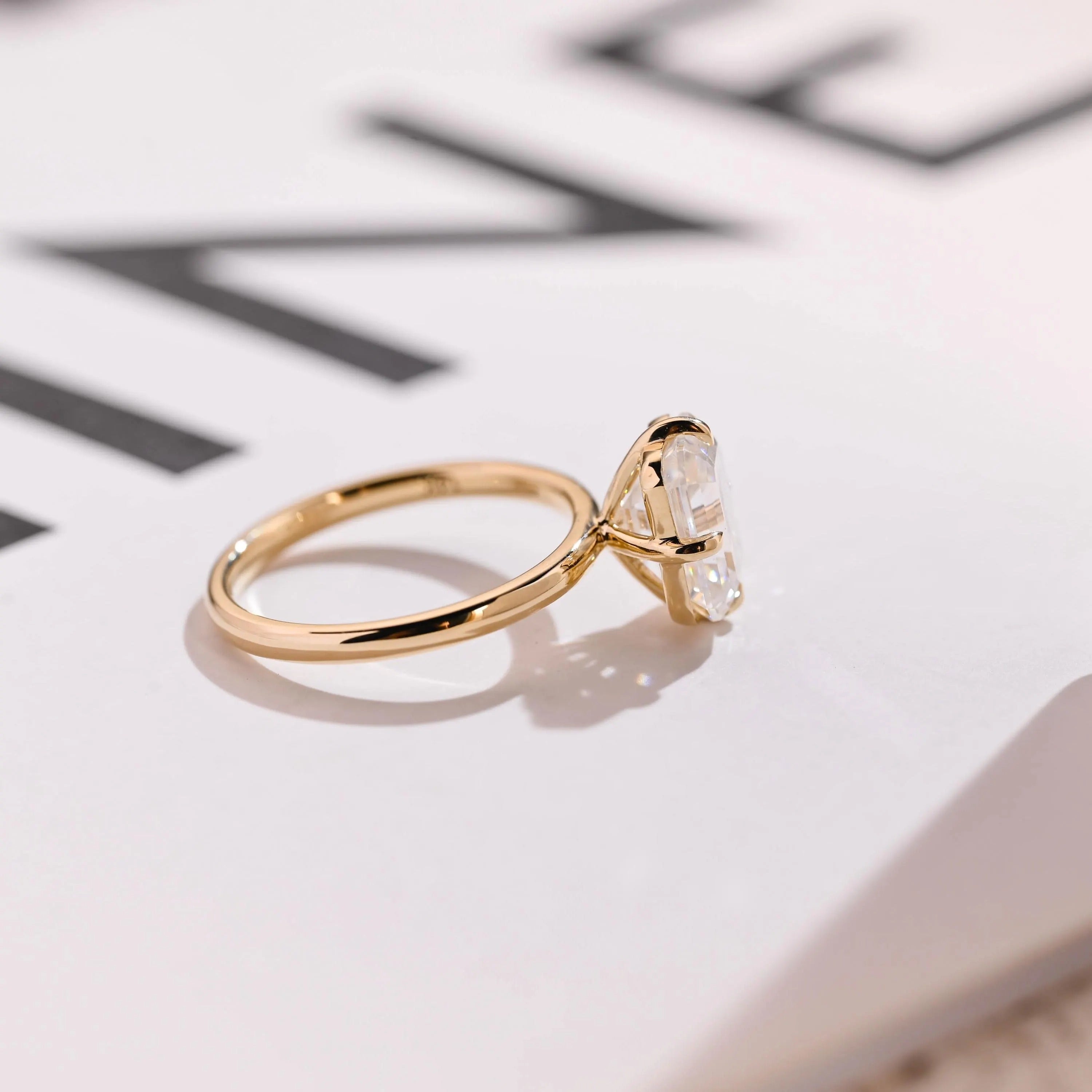 Solid Gold Minimalist Emerald Cut Moissanite Engagement Ring, Anniversary Gift