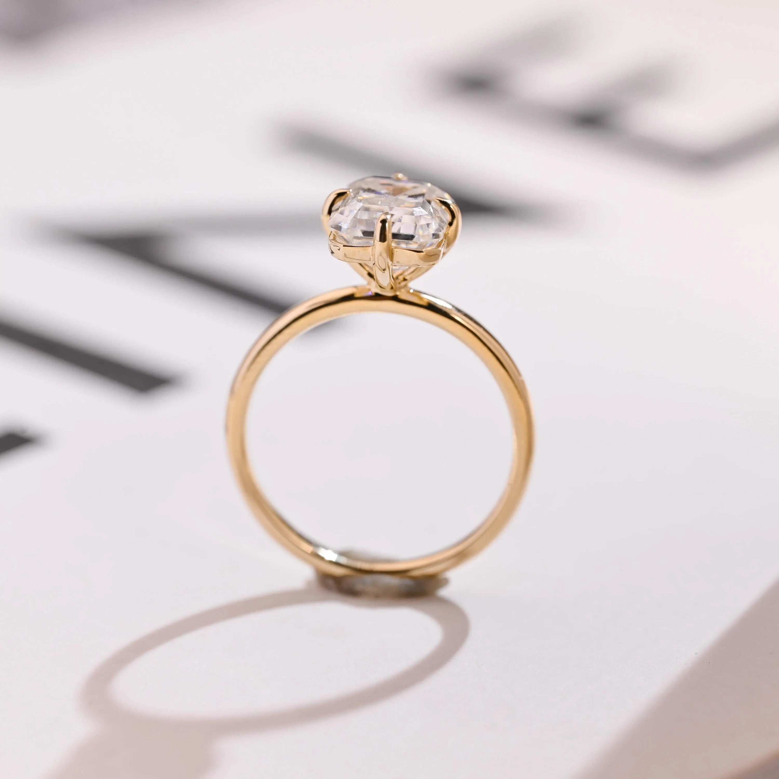 Solid Gold Minimalist Emerald Cut Moissanite Engagement Ring, Anniversary Gift