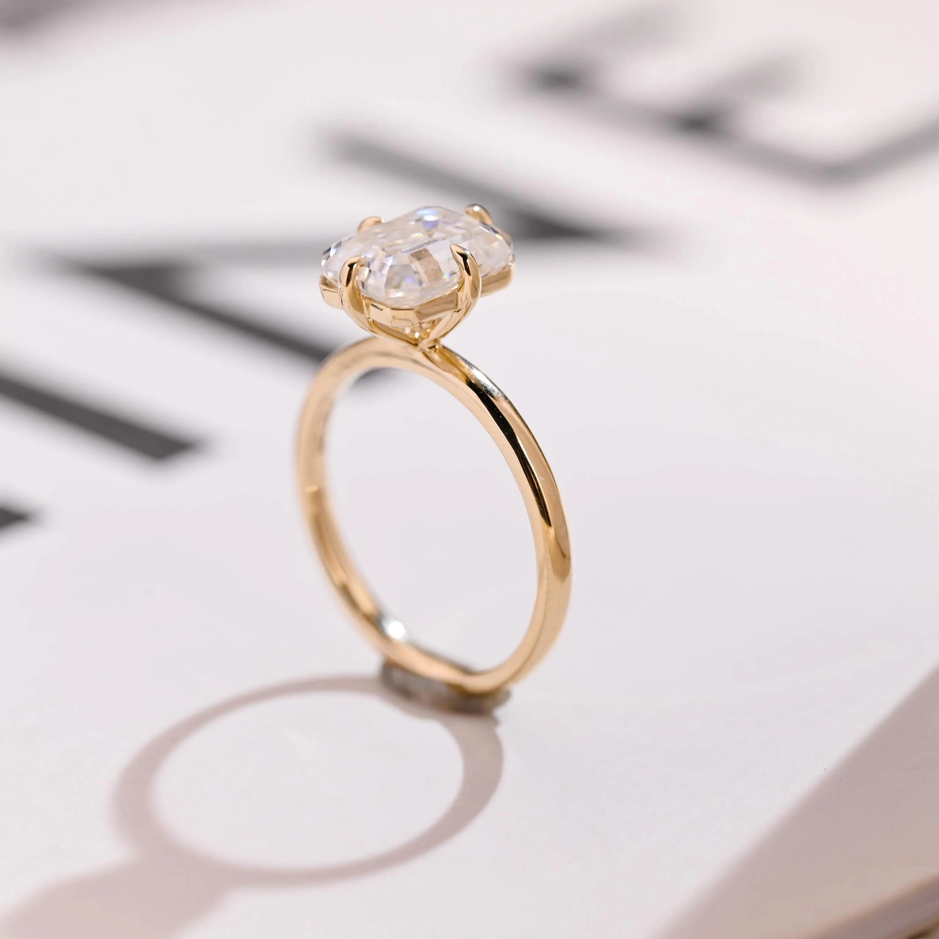Solid Gold Minimalist Emerald Cut Moissanite Engagement Ring, Anniversary Gift
