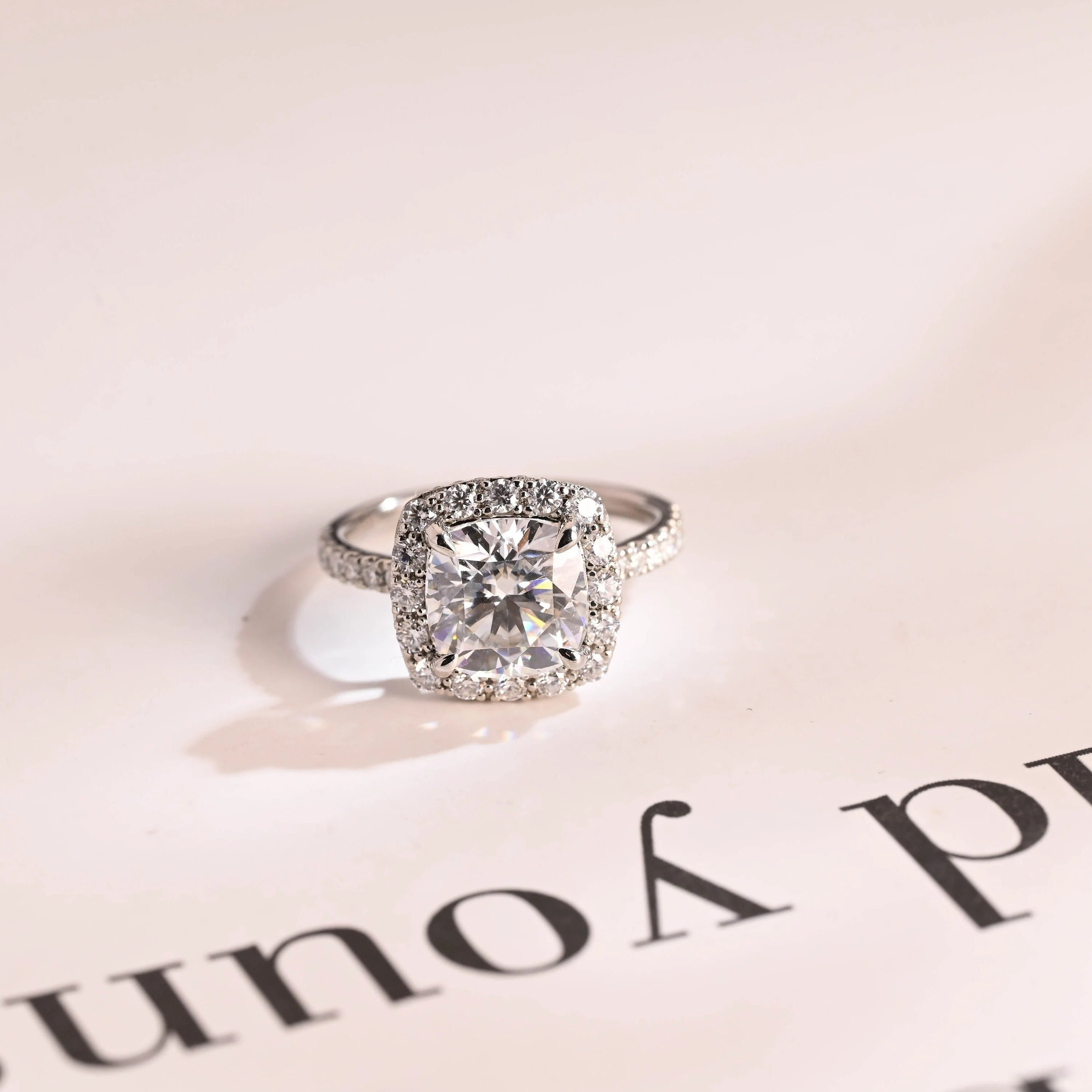 Solid Gold Cushion Cut Moissanite Engagement Ring, Pave Promise Ring Main image