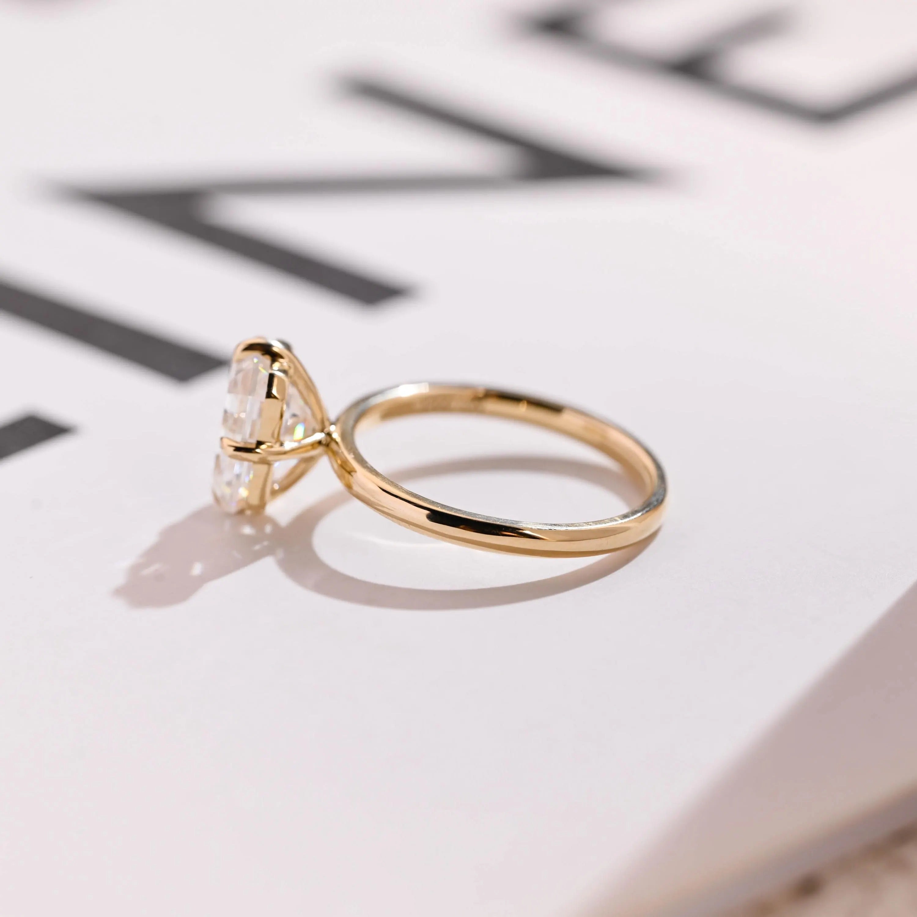 Solid Gold Minimalist Emerald Cut Moissanite Engagement Ring, Anniversary Gift