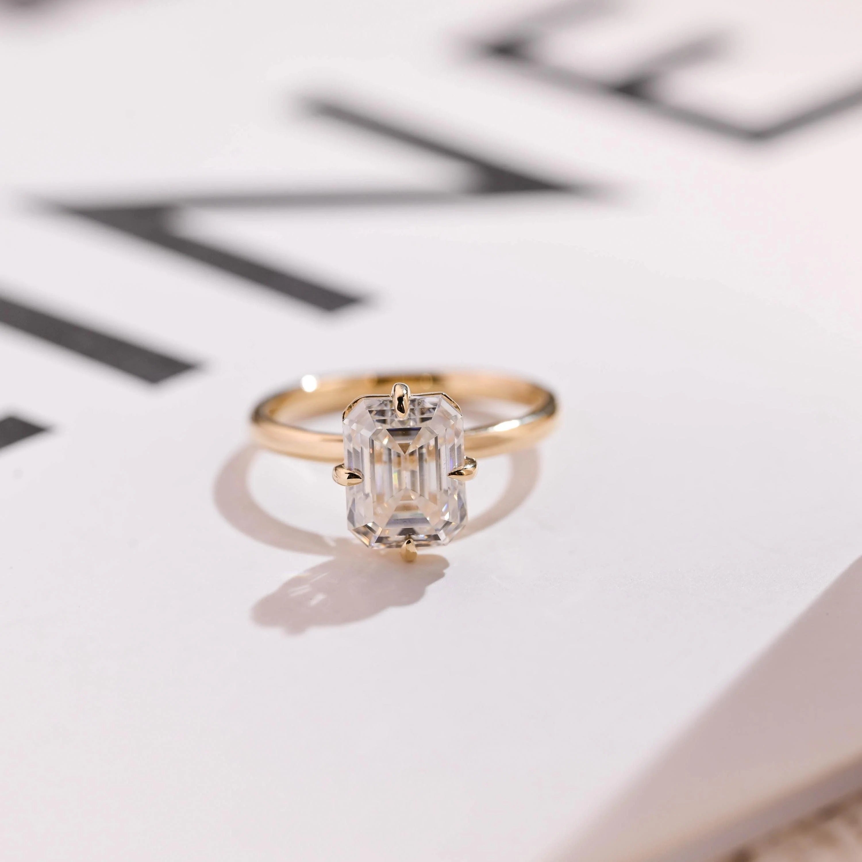 Solid Gold Minimalist Emerald Cut Moissanite Engagement Ring, Anniversary Gift Main image