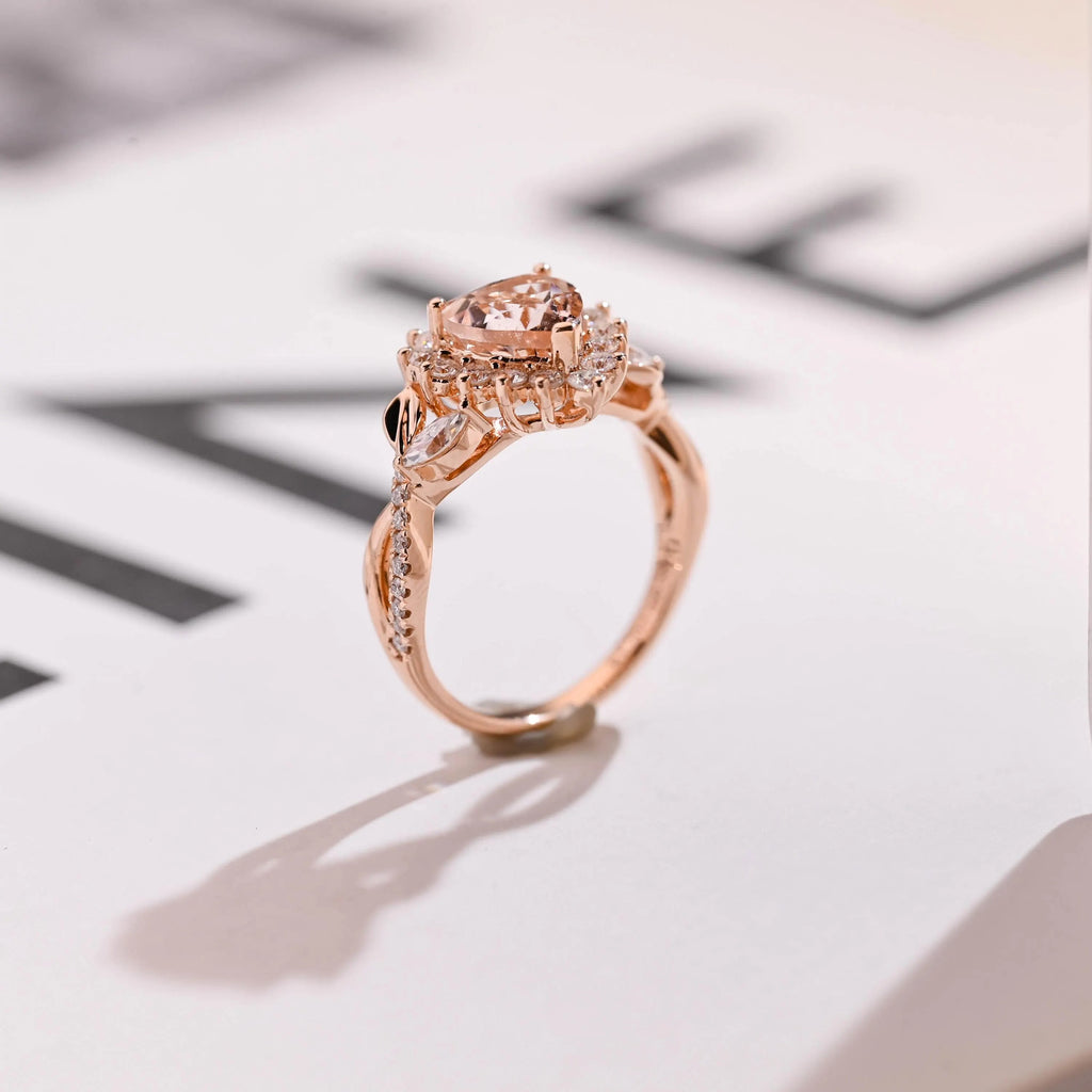 Solid Gold Heart Cut Pink Moissanite Sapphire Engagement Ring