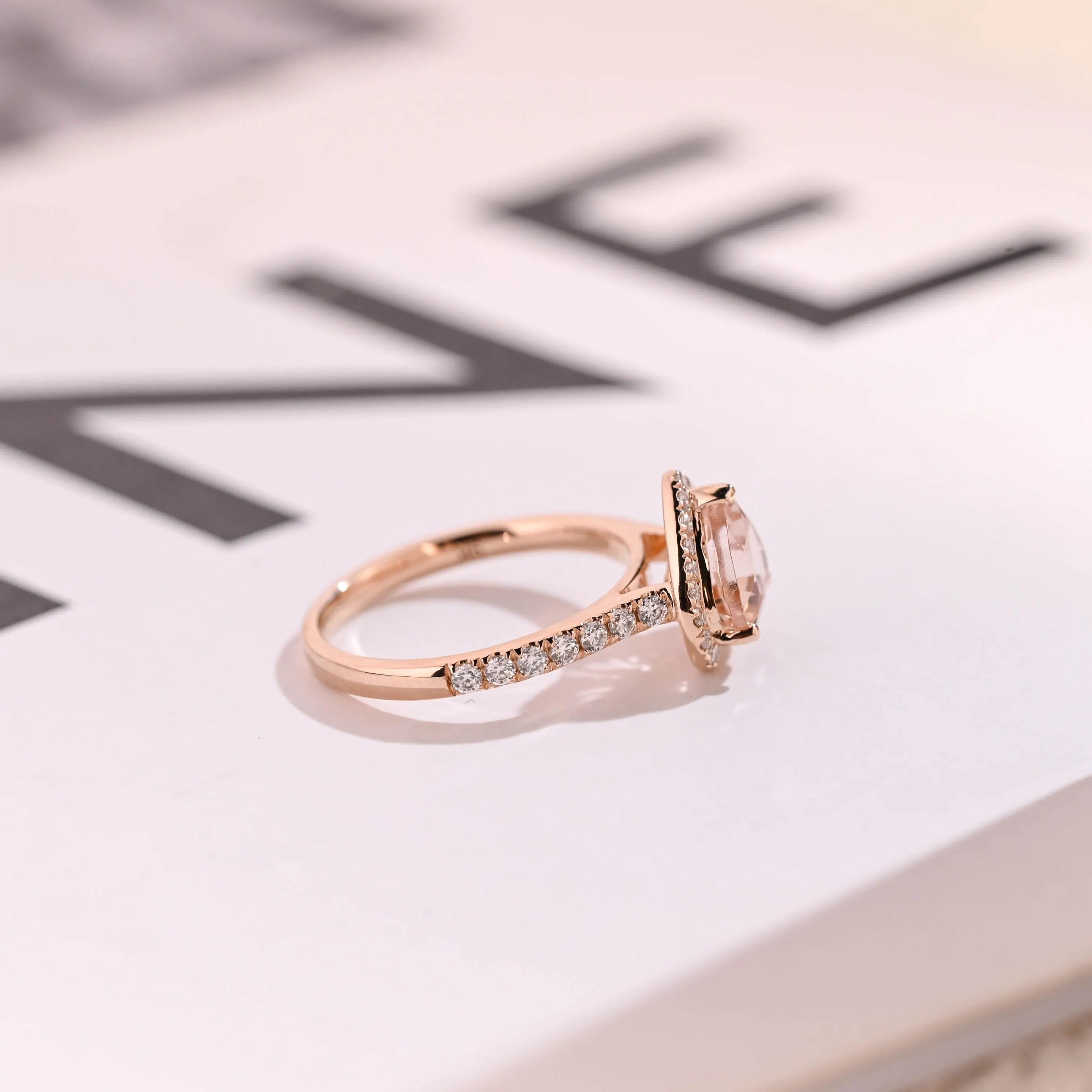 Solid Gold Halo Heart Cut Pink Moissanite Sapphire Engagement Ring