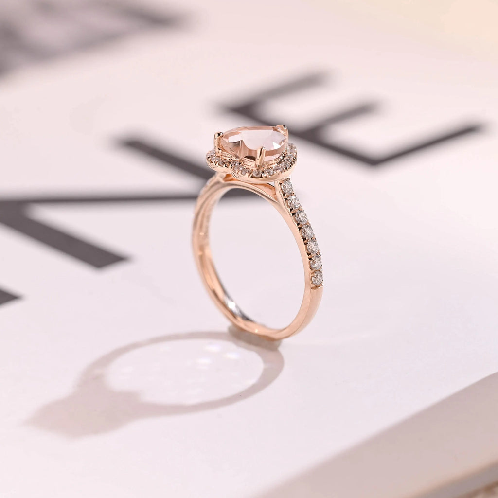 Solid Gold Halo Heart Cut Pink Moissanite Sapphire Engagement Ring