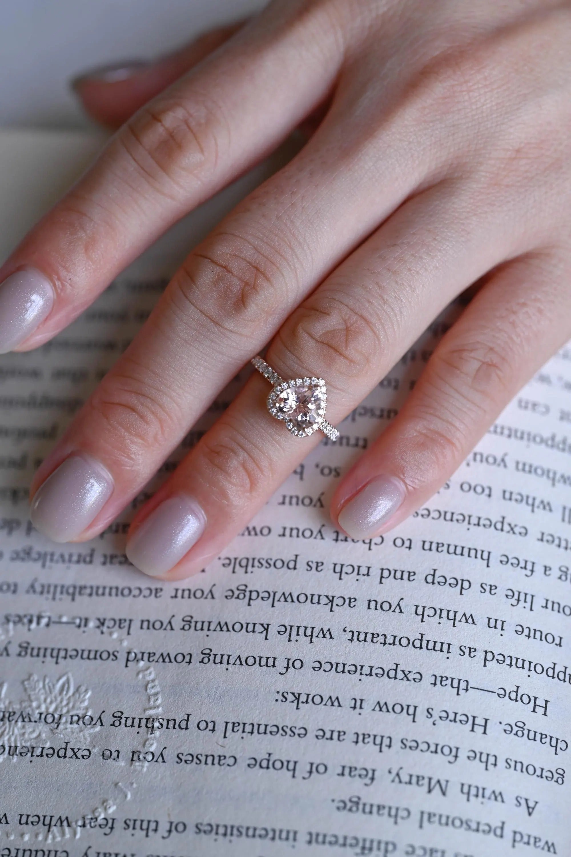 Solid Gold Halo Heart Cut Pink Moissanite Sapphire Engagement Ring