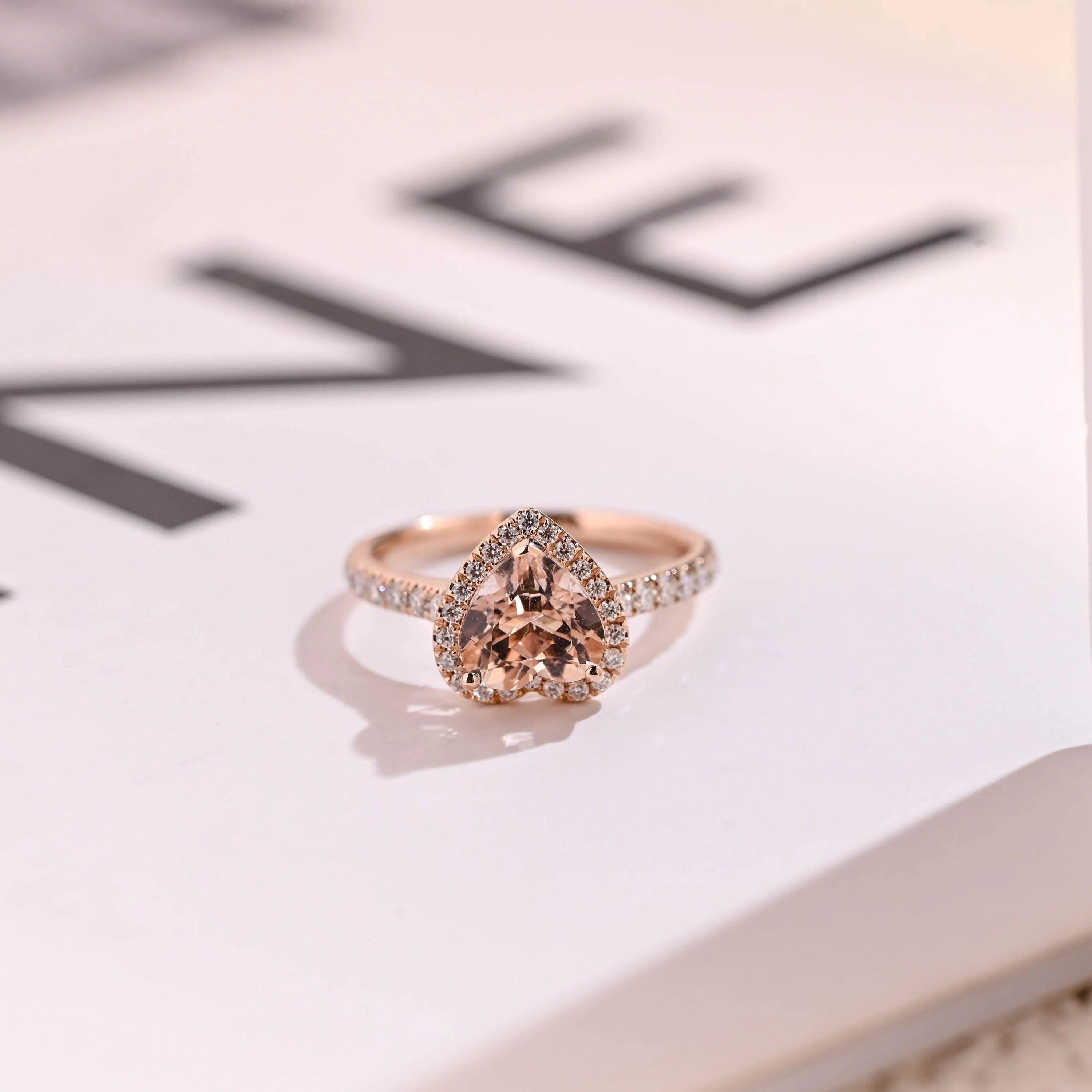 Solid Gold Halo Heart Cut Pink Moissanite Sapphire Engagement Ring Main image