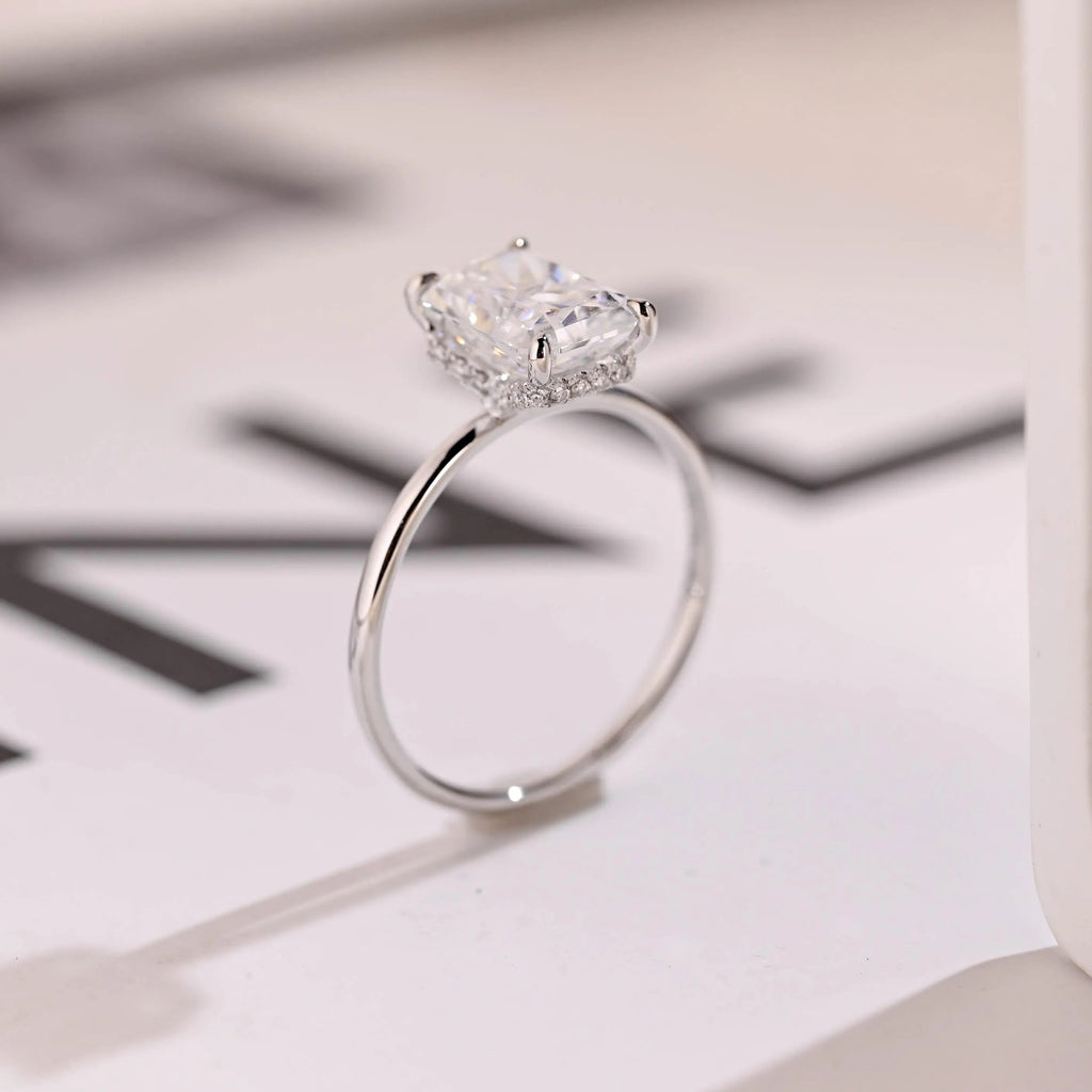 Radiant Diamond Engagement Ring, Solid Gold Hidden Halo Promise Ring, Anniversary Gift for Her