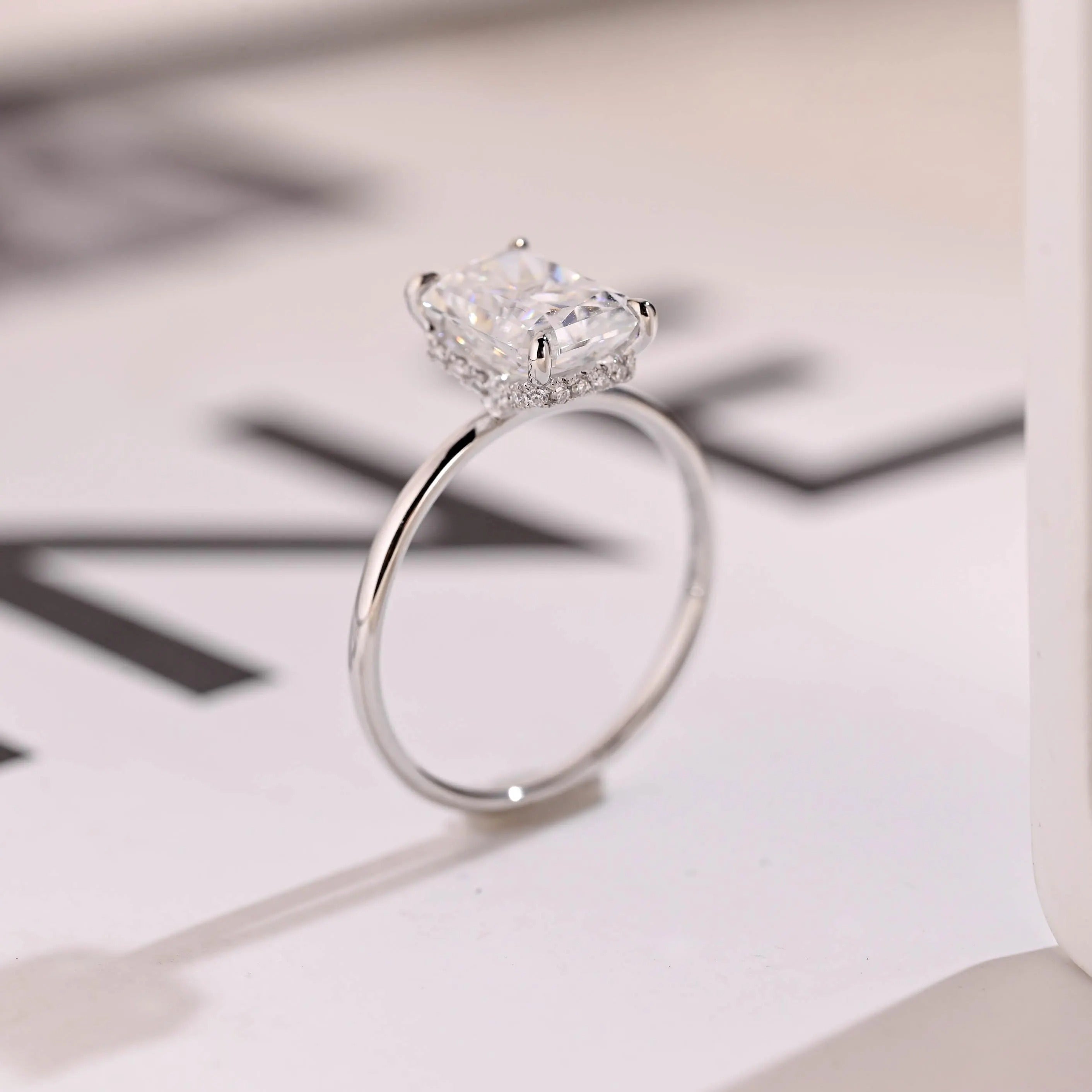 Radiant Diamond Engagement Ring, Solid Gold Hidden Halo Promise Ring, Anniversary Gift for Her