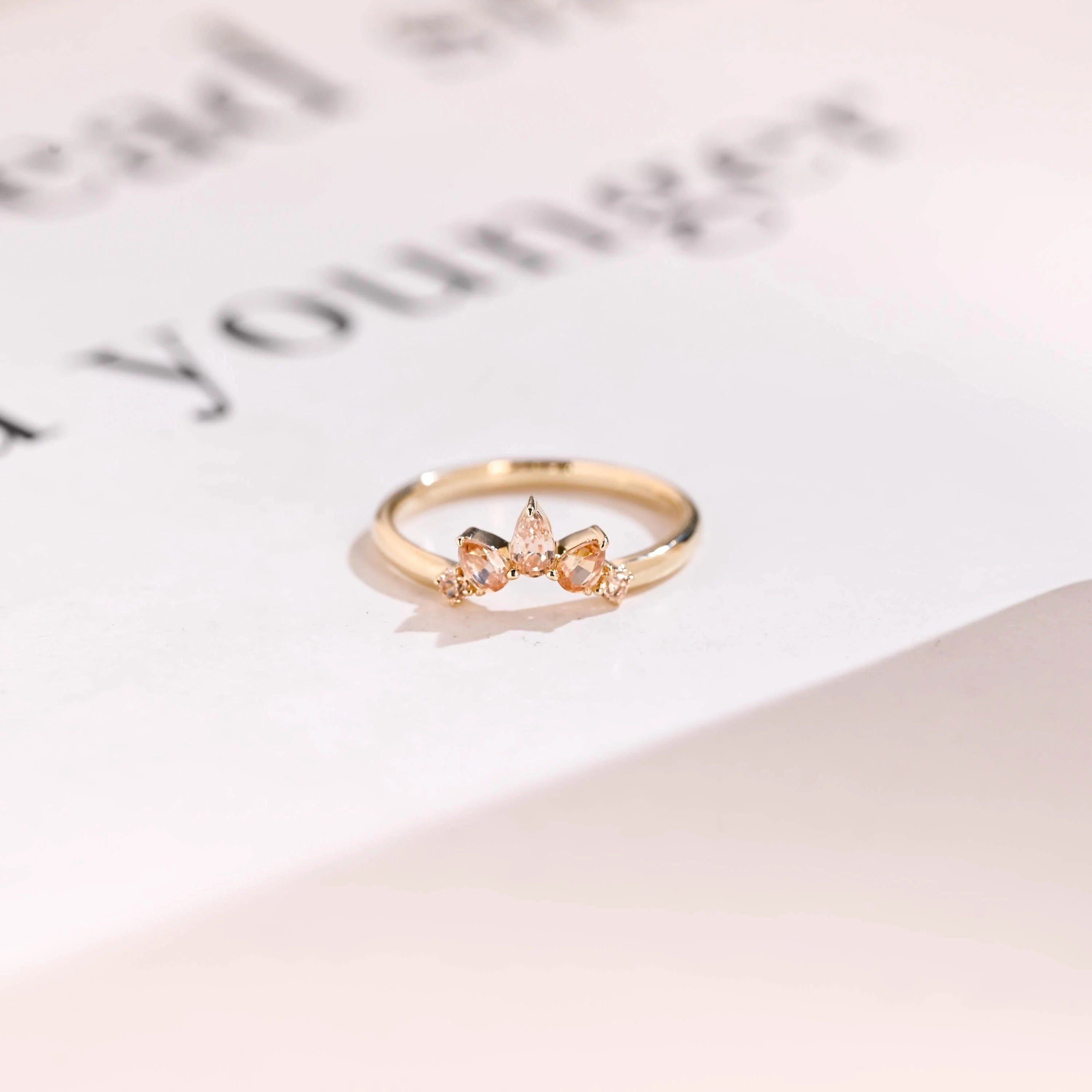 Solid Gold Crown Ring with Peach Lab Sapphire Gemstones Main image