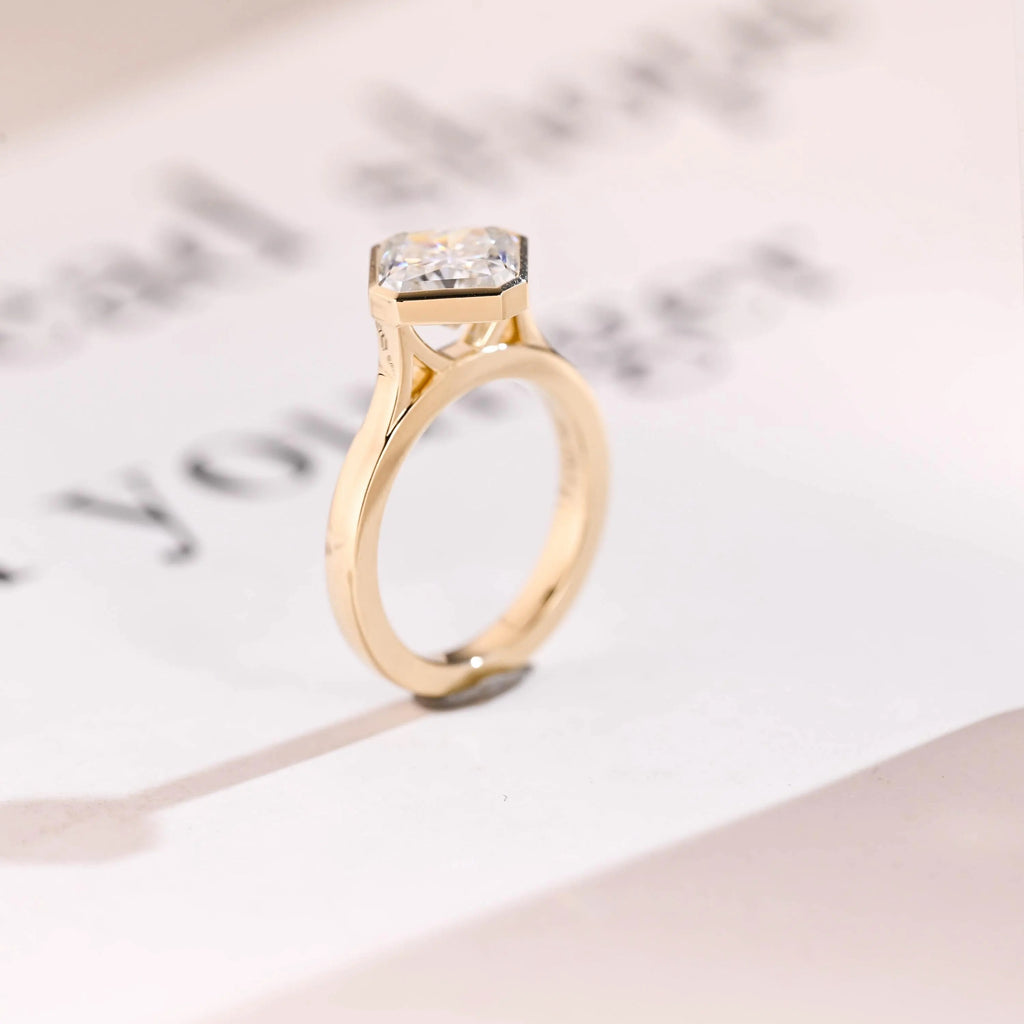 2.5mm Wide Band Solid Gold Asscher Cut Moissanite Engagement Ring, Gift for Her