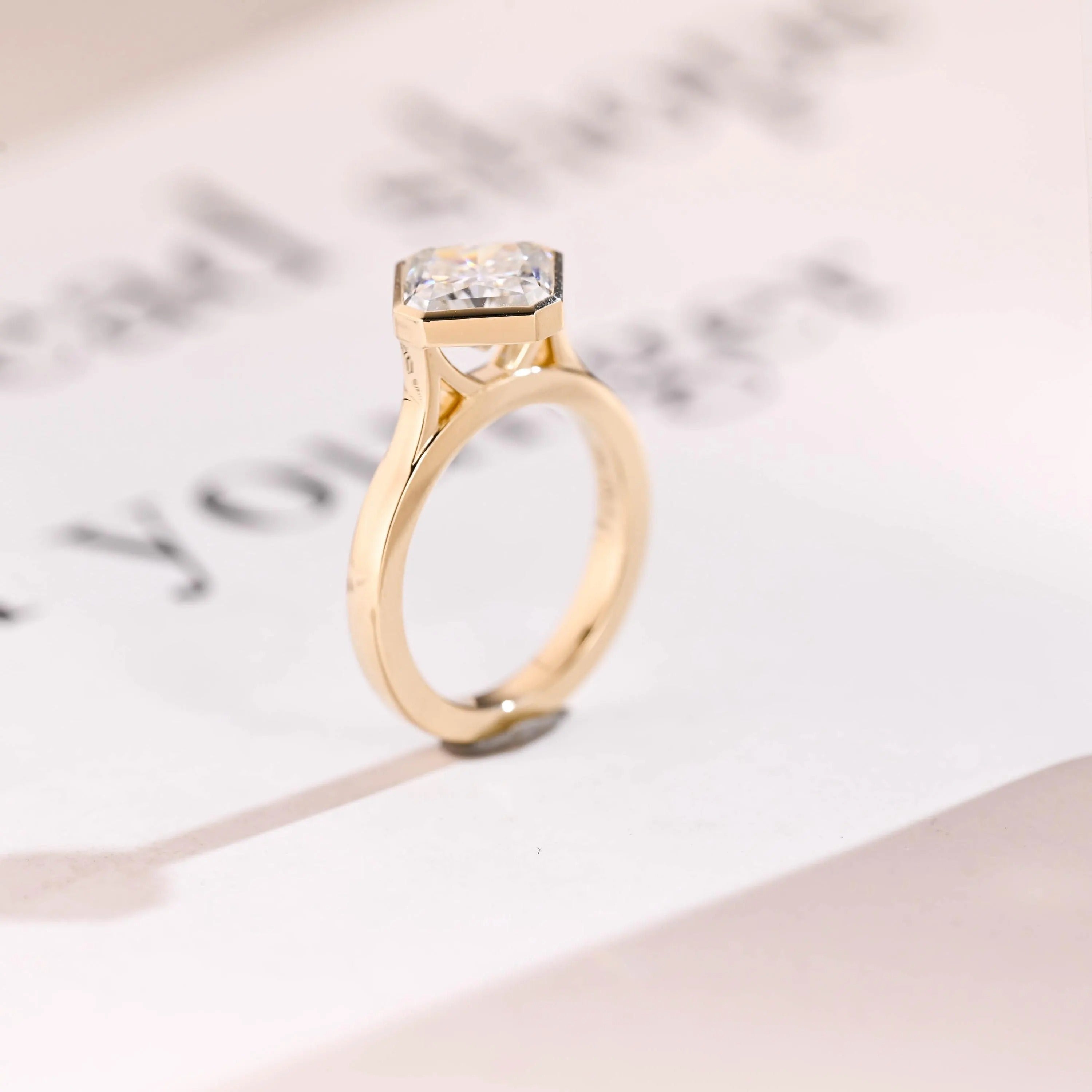 2.5mm Wide Band Solid Gold Asscher Cut Moissanite Engagement Ring, Gift for Her
