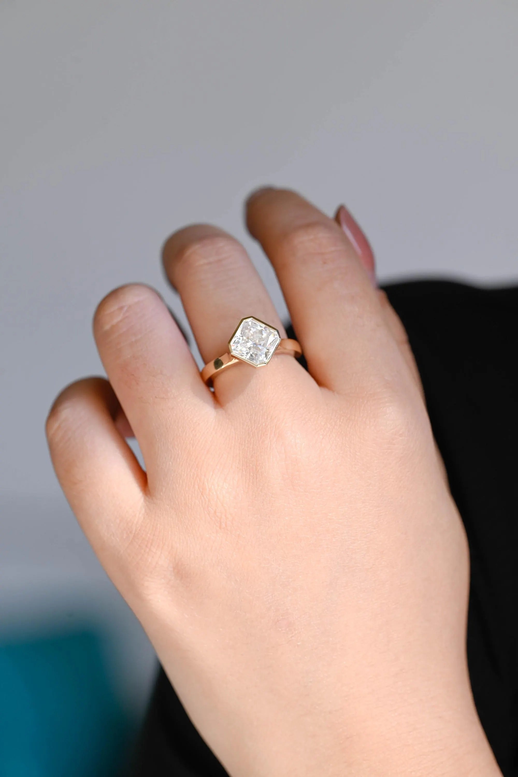 2.5mm Wide Band Solid Gold Asscher Cut Moissanite Engagement Ring, Gift for Her