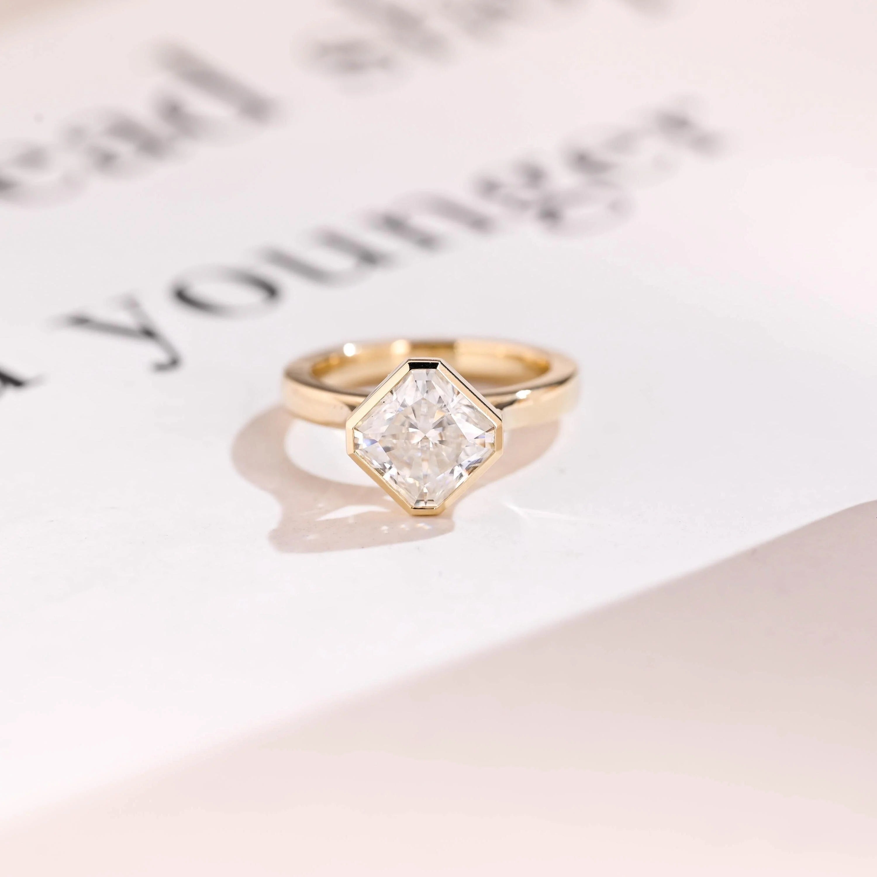 2.5mm Wide Band Solid Gold Asscher Cut Moissanite Engagement Ring, Gift for Her Main image