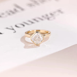 2.5mm Wide Band Solid Gold Asscher Cut Moissanite Engagement Ring, Gift for Her