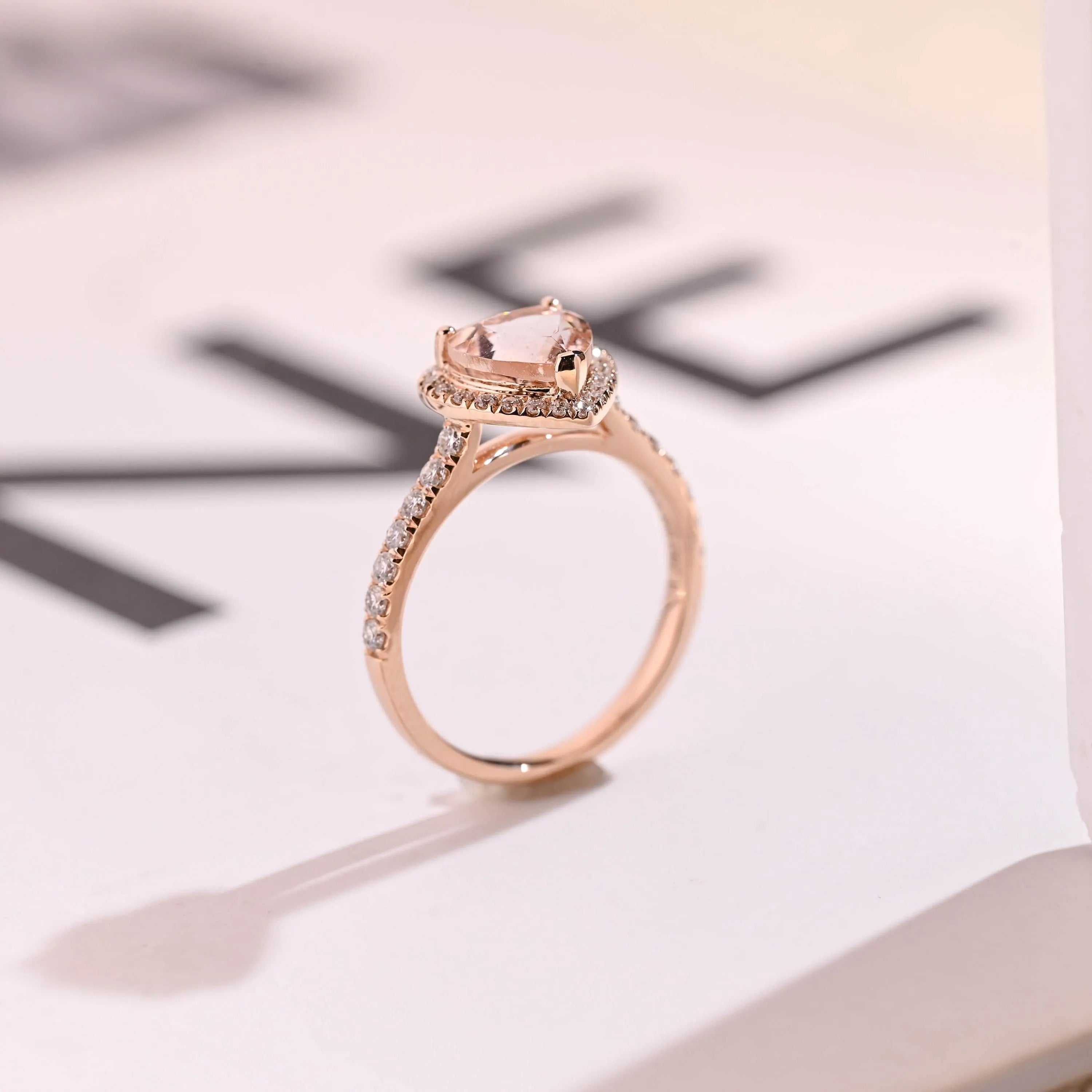 Solid Gold Halo Heart Cut Pink Moissanite Sapphire Engagement Ring