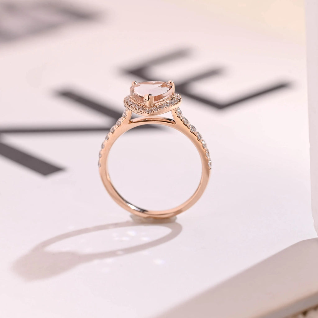 Solid Gold Halo Heart Cut Pink Moissanite Sapphire Engagement Ring