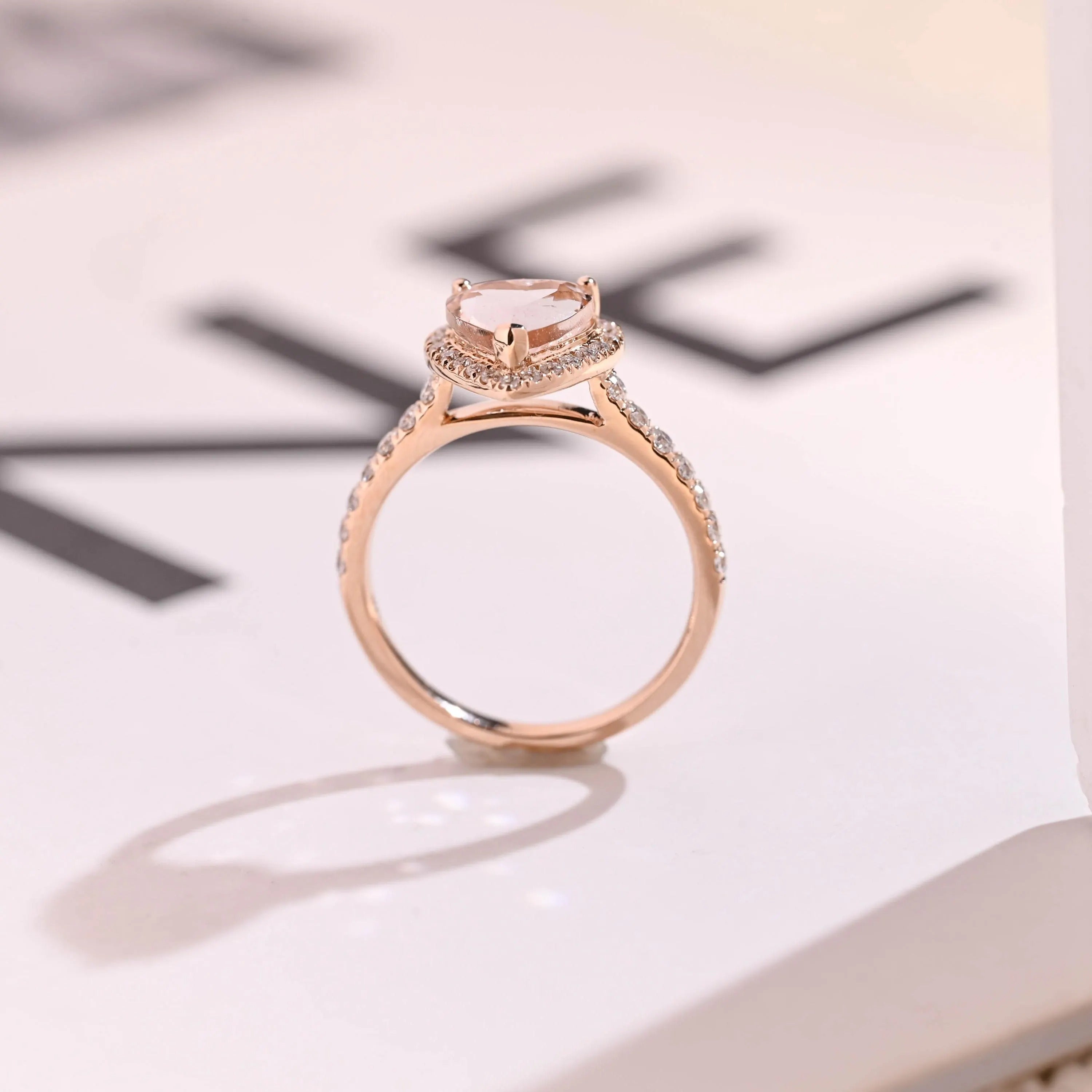 Solid Gold Halo Heart Cut Pink Moissanite Sapphire Engagement Ring