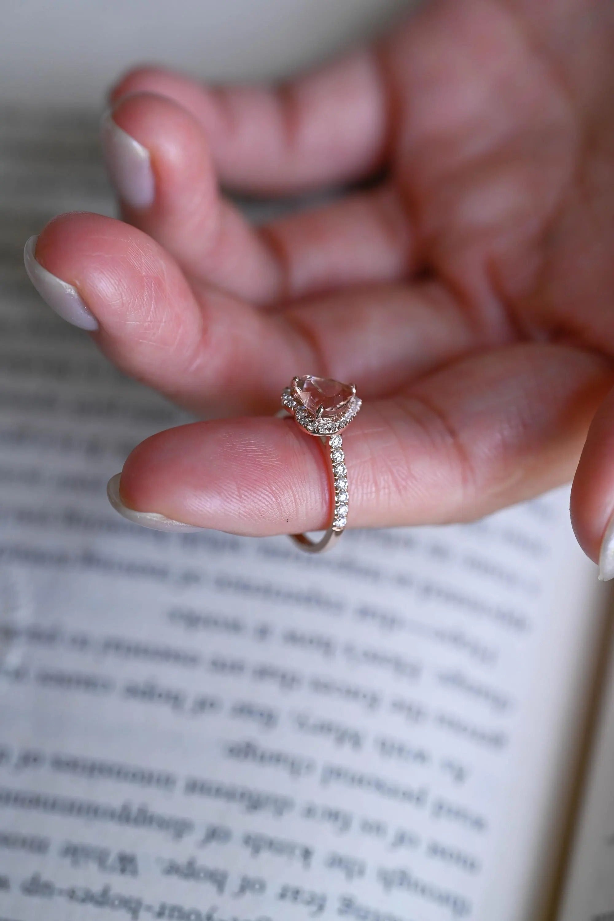 Solid Gold Halo Heart Cut Pink Moissanite Sapphire Engagement Ring