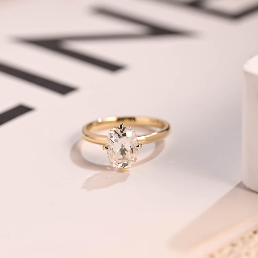 Solid Gold Old European Elongated Cushion Moissanite Engagement Ring, Promise Ring