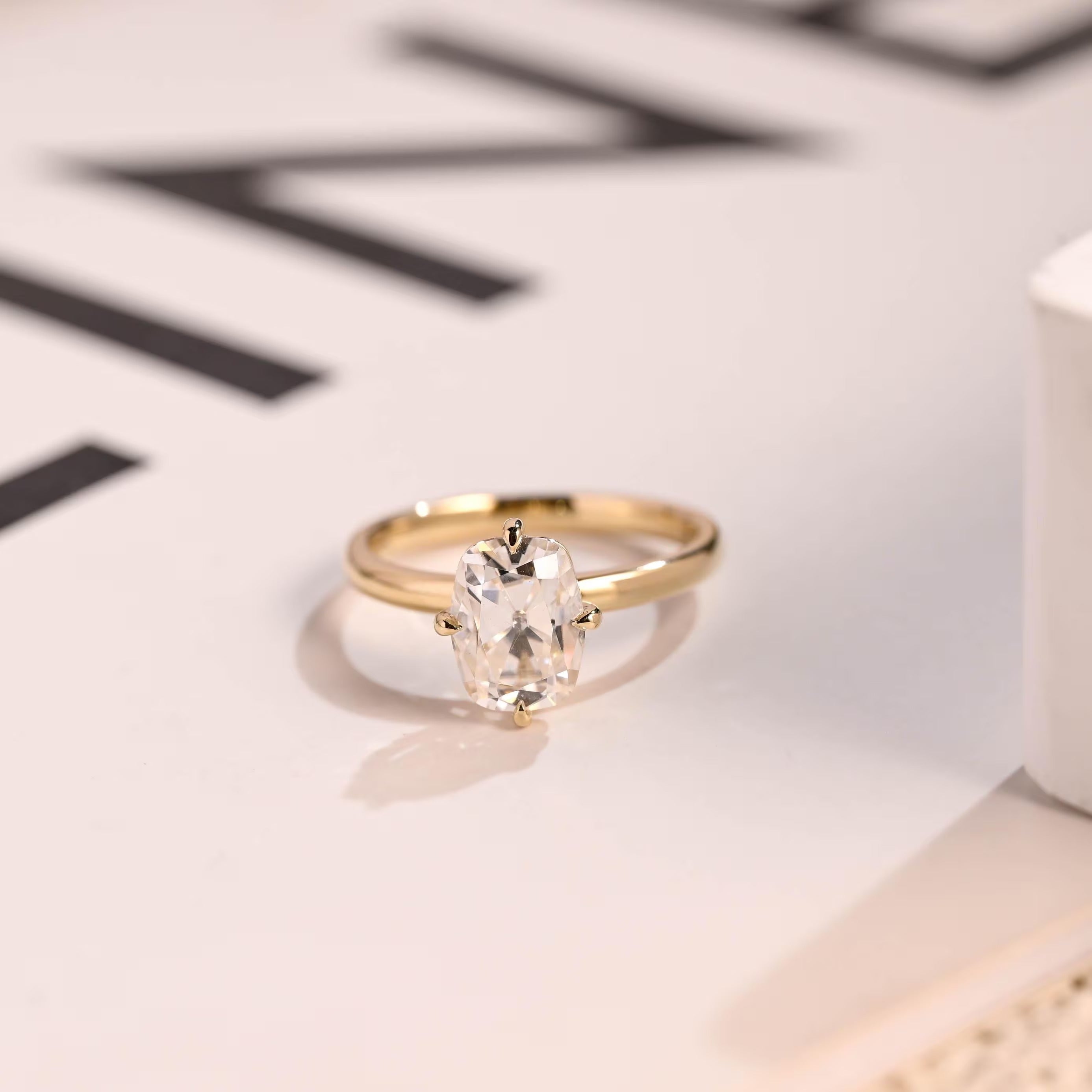 Solid Gold Old European Elongated Cushion Moissanite Engagement Ring, Promise Ring