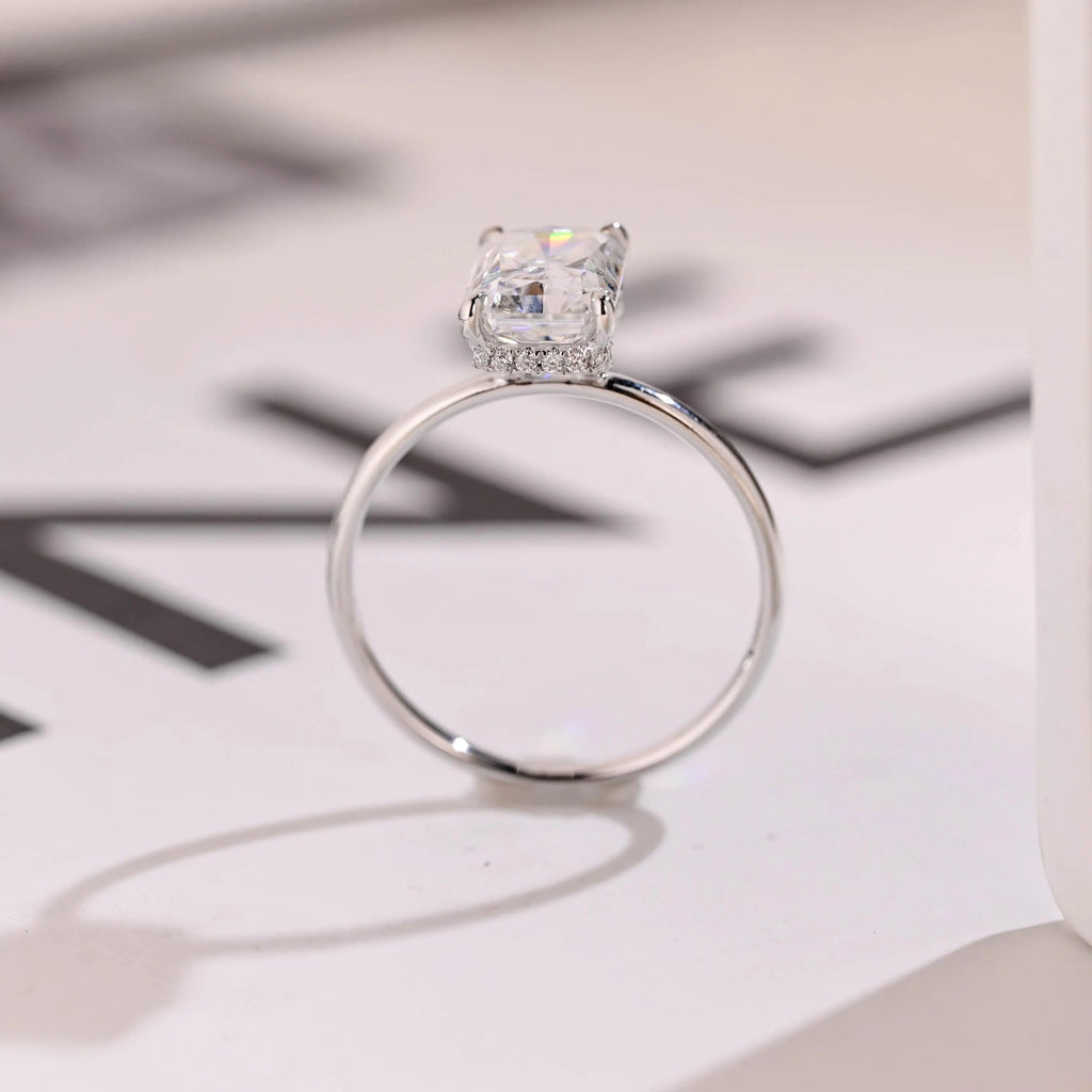 Radiant Diamond Engagement Ring, Solid Gold Hidden Halo Promise Ring, Anniversary Gift for Her