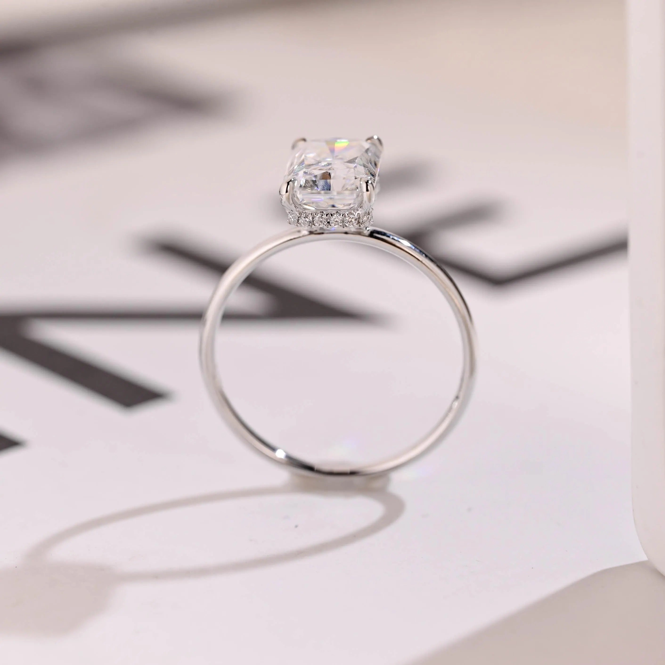 Radiant Diamond Engagement Ring, Solid Gold Hidden Halo Promise Ring, Anniversary Gift for Her