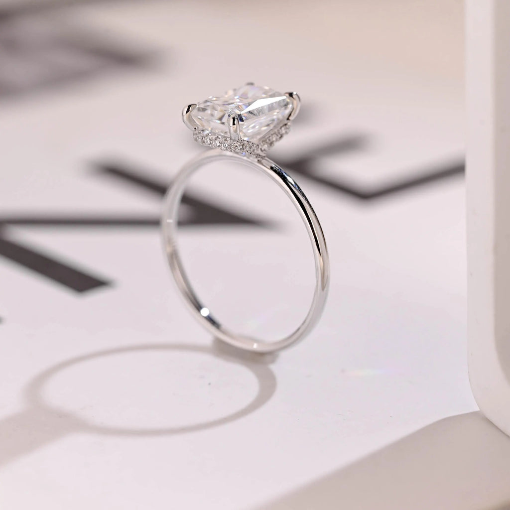 Radiant Diamond Engagement Ring, Solid Gold Hidden Halo Promise Ring, Anniversary Gift for Her