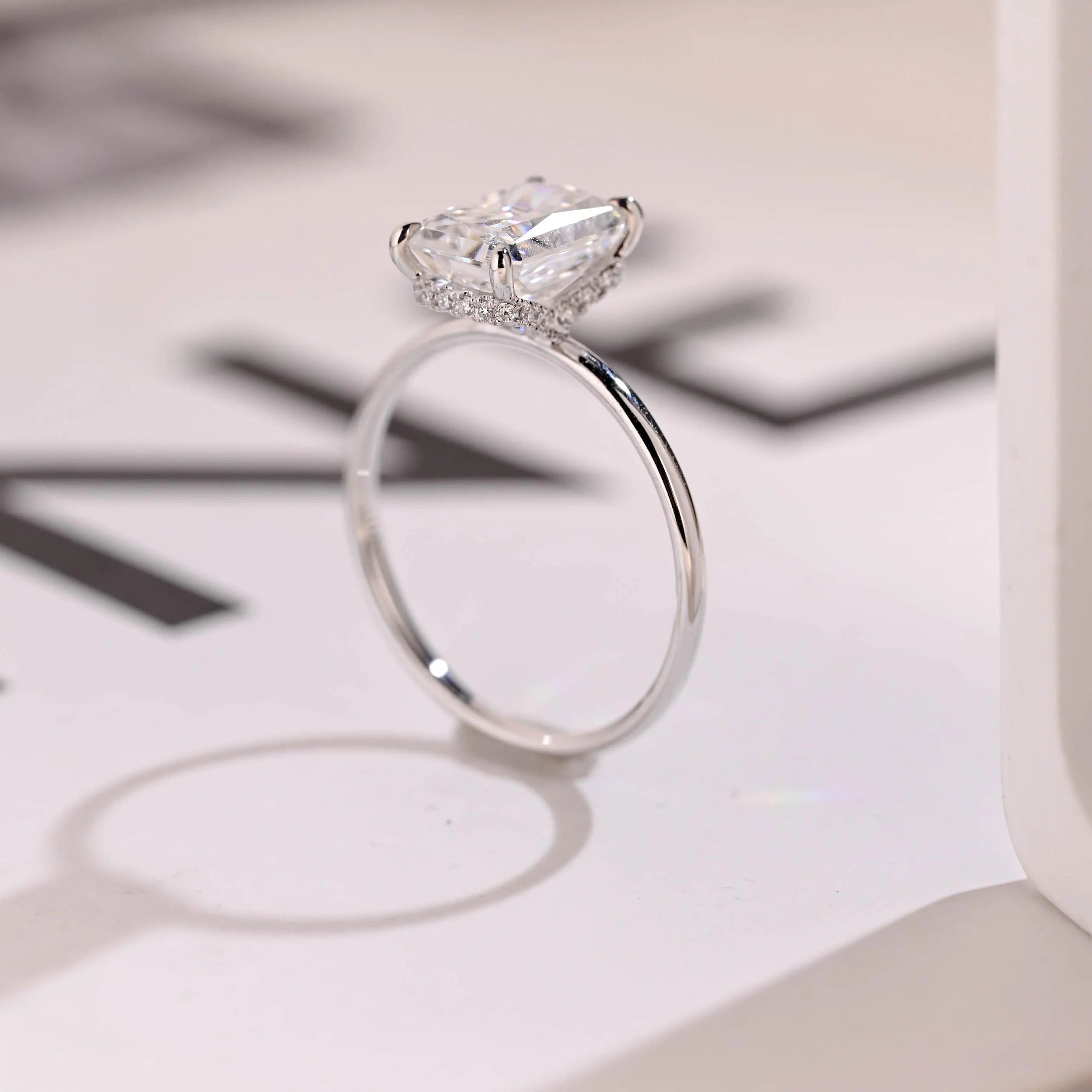 Radiant Diamond Engagement Ring, Solid Gold Hidden Halo Promise Ring, Anniversary Gift for Her