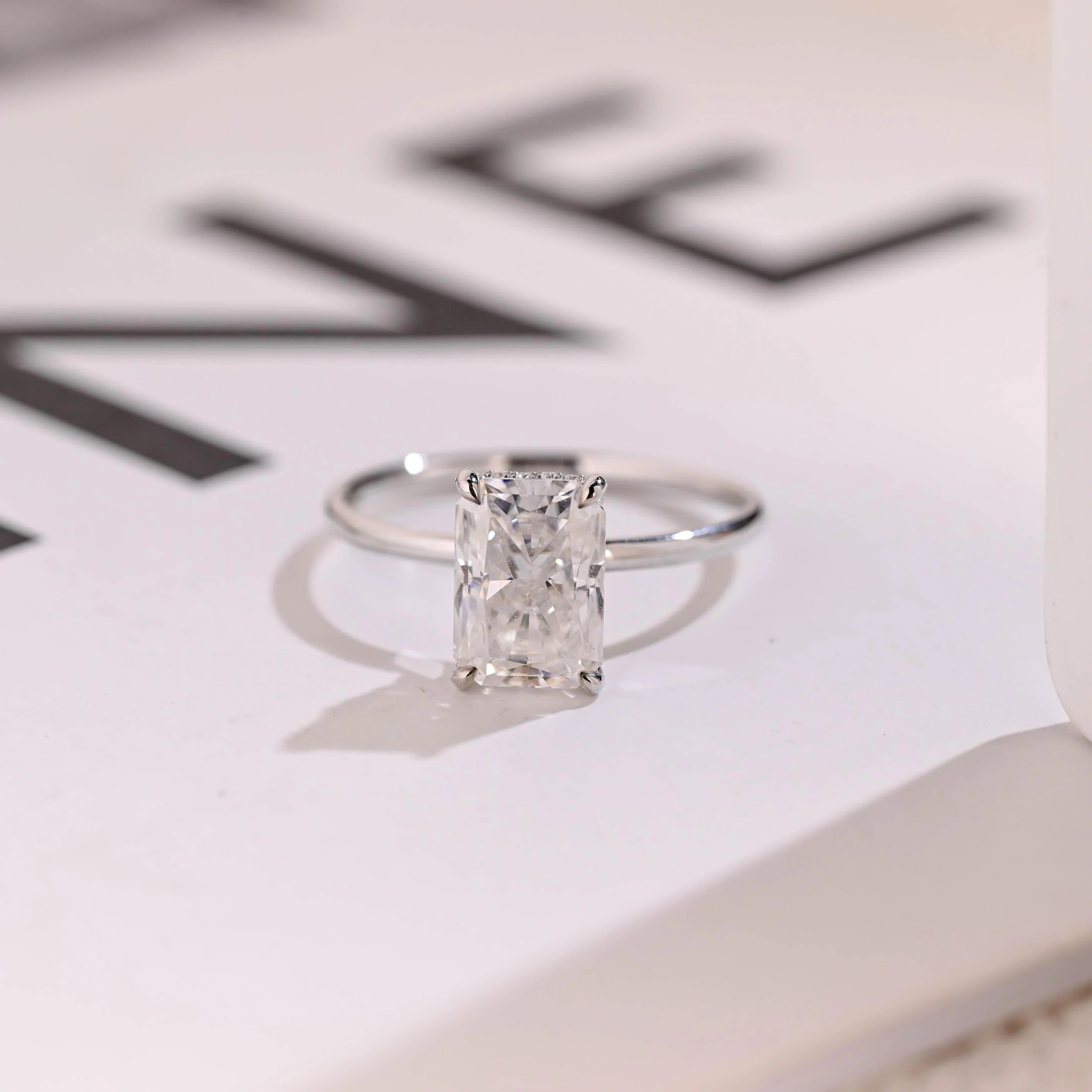Radiant Diamond Engagement Ring, Solid Gold Hidden Halo Promise Ring, Anniversary Gift for Her Main image