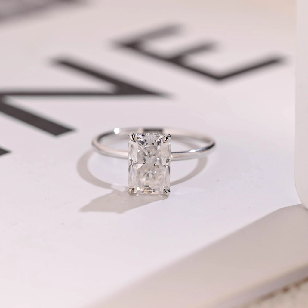Radiant Diamond Engagement Ring, Solid Gold Hidden Halo Promise Ring, Anniversary Gift for Her