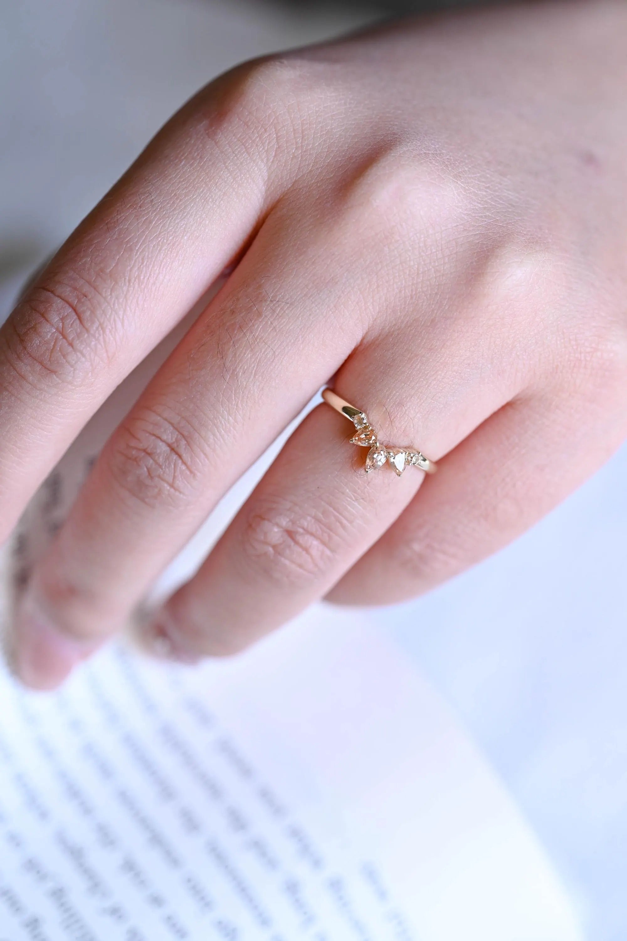 Solid Gold Crown Ring with Peach Lab Sapphire Gemstones