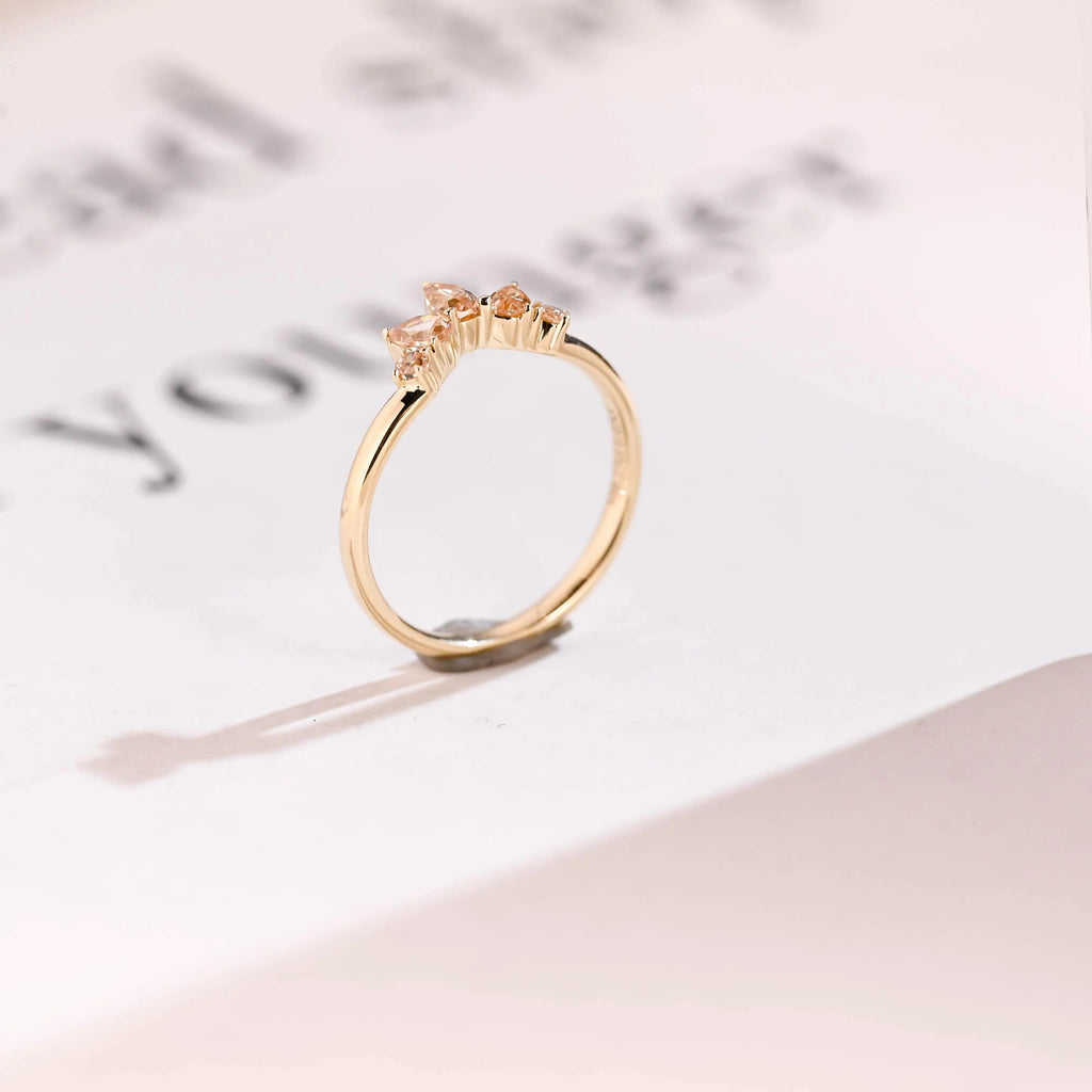 Solid Gold Crown Ring with Peach Lab Sapphire Gemstones
