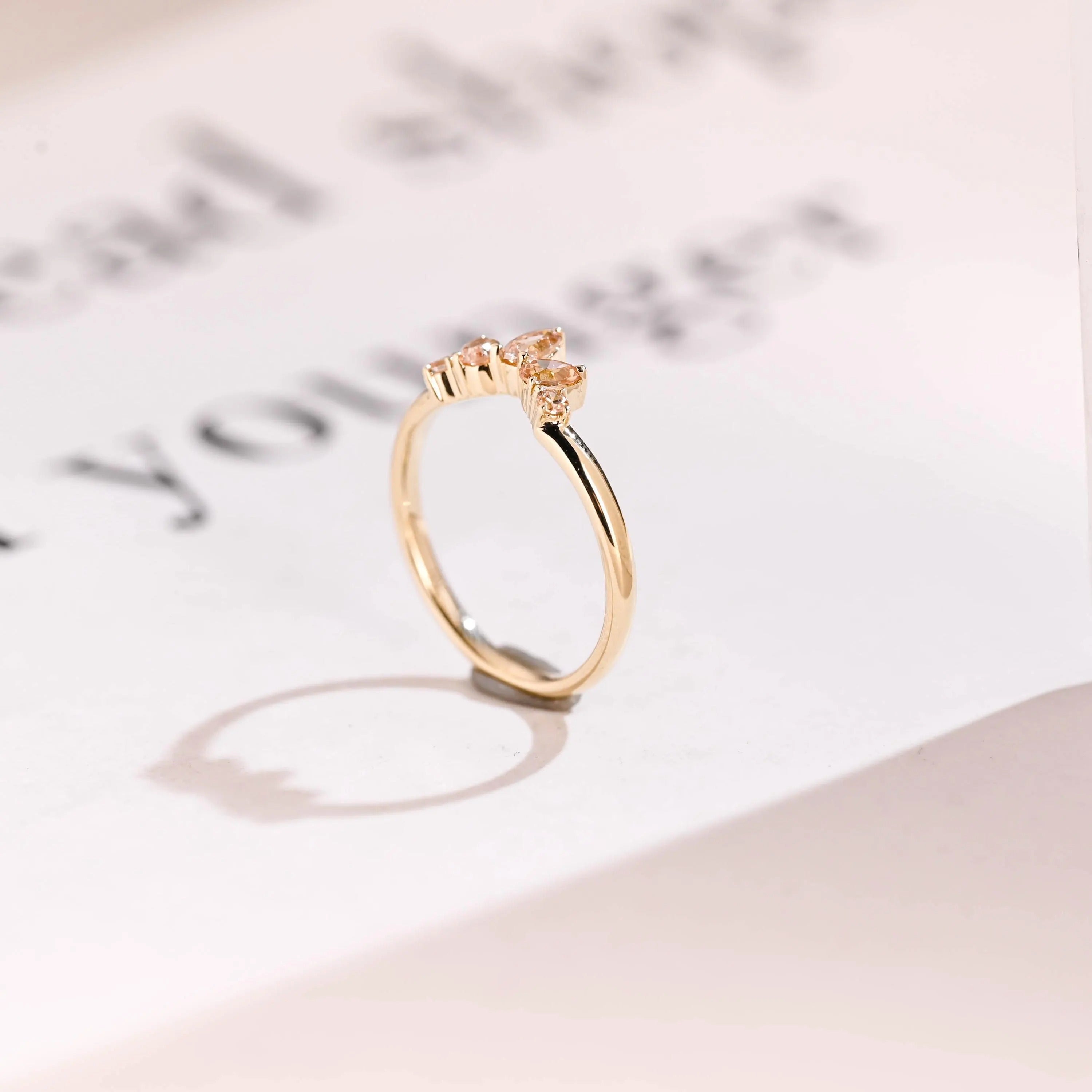 Solid Gold Crown Ring with Peach Lab Sapphire Gemstones