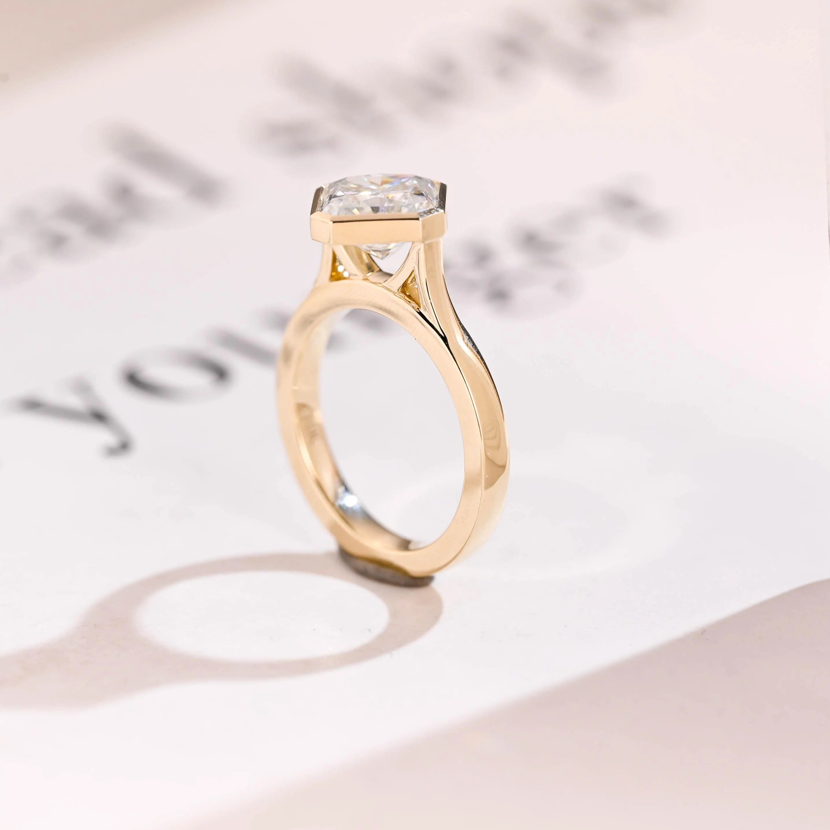 2.5mm Wide Band Solid Gold Asscher Cut Moissanite Engagement Ring, Gift for Her
