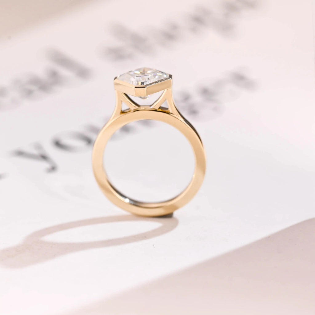 2.5mm Wide Band Solid Gold Asscher Cut Moissanite Engagement Ring, Gift for Her