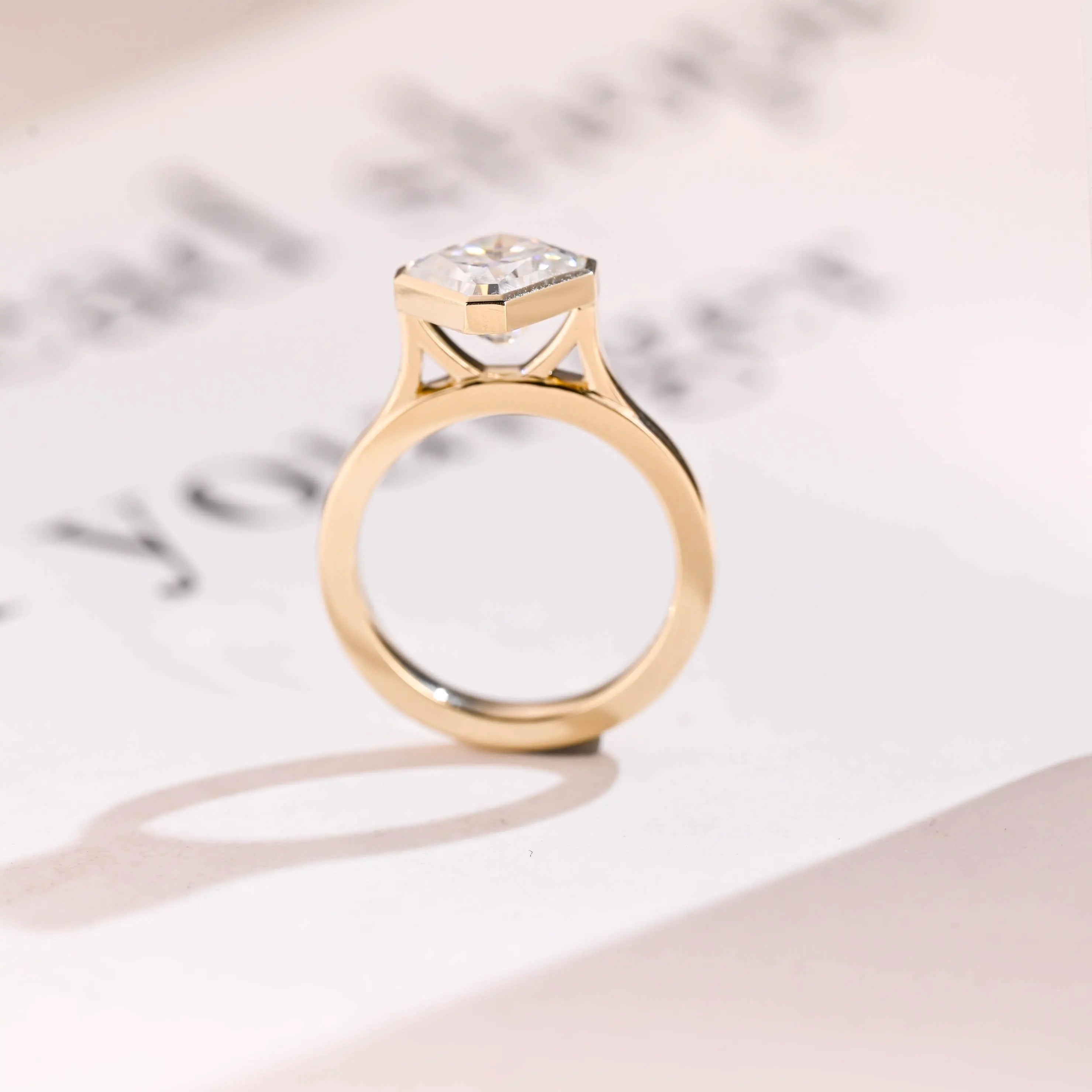 2.5mm Wide Band Solid Gold Asscher Cut Moissanite Engagement Ring, Gift for Her
