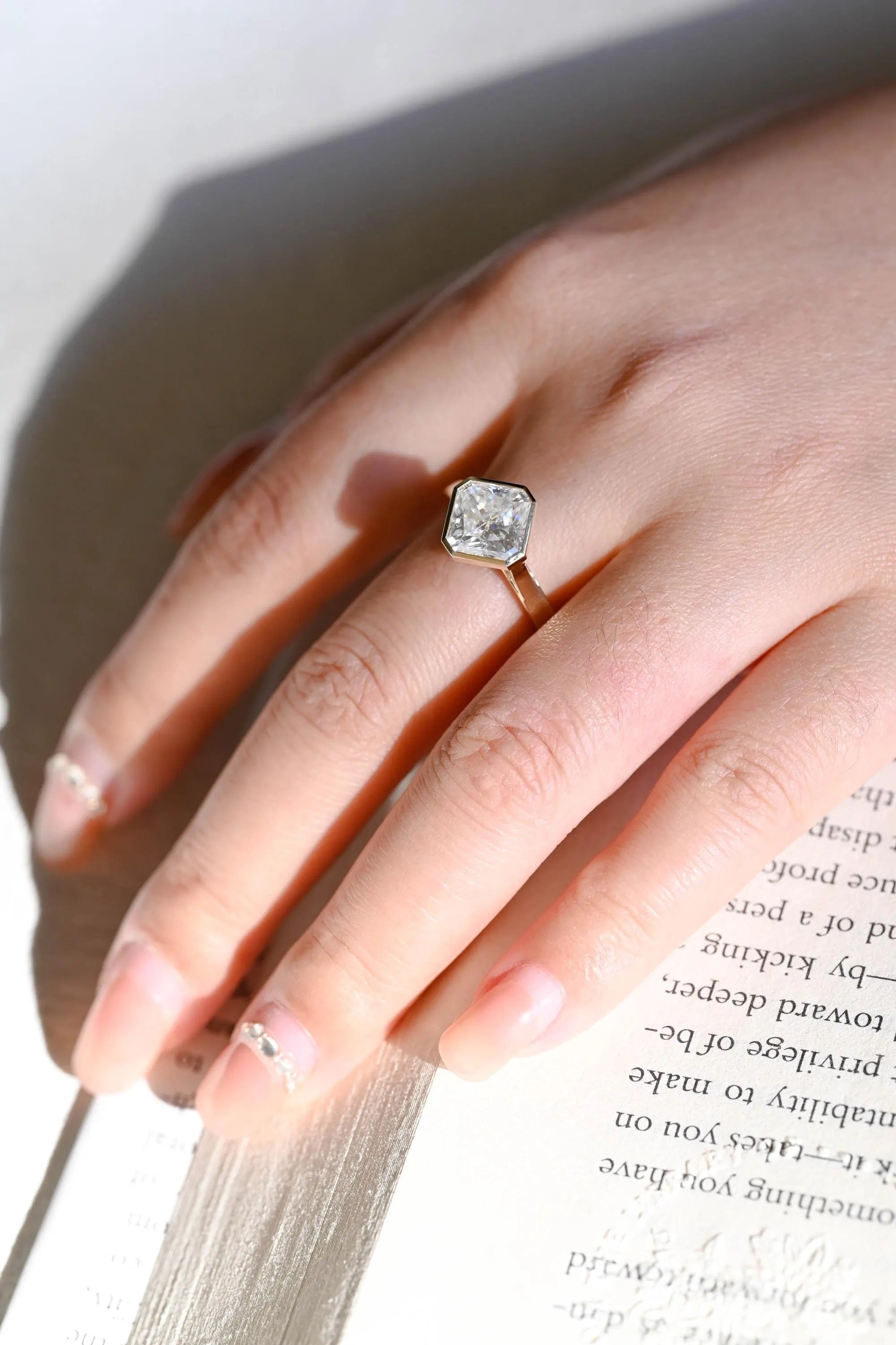 2.5mm Wide Band Solid Gold Asscher Cut Moissanite Engagement Ring, Gift for Her