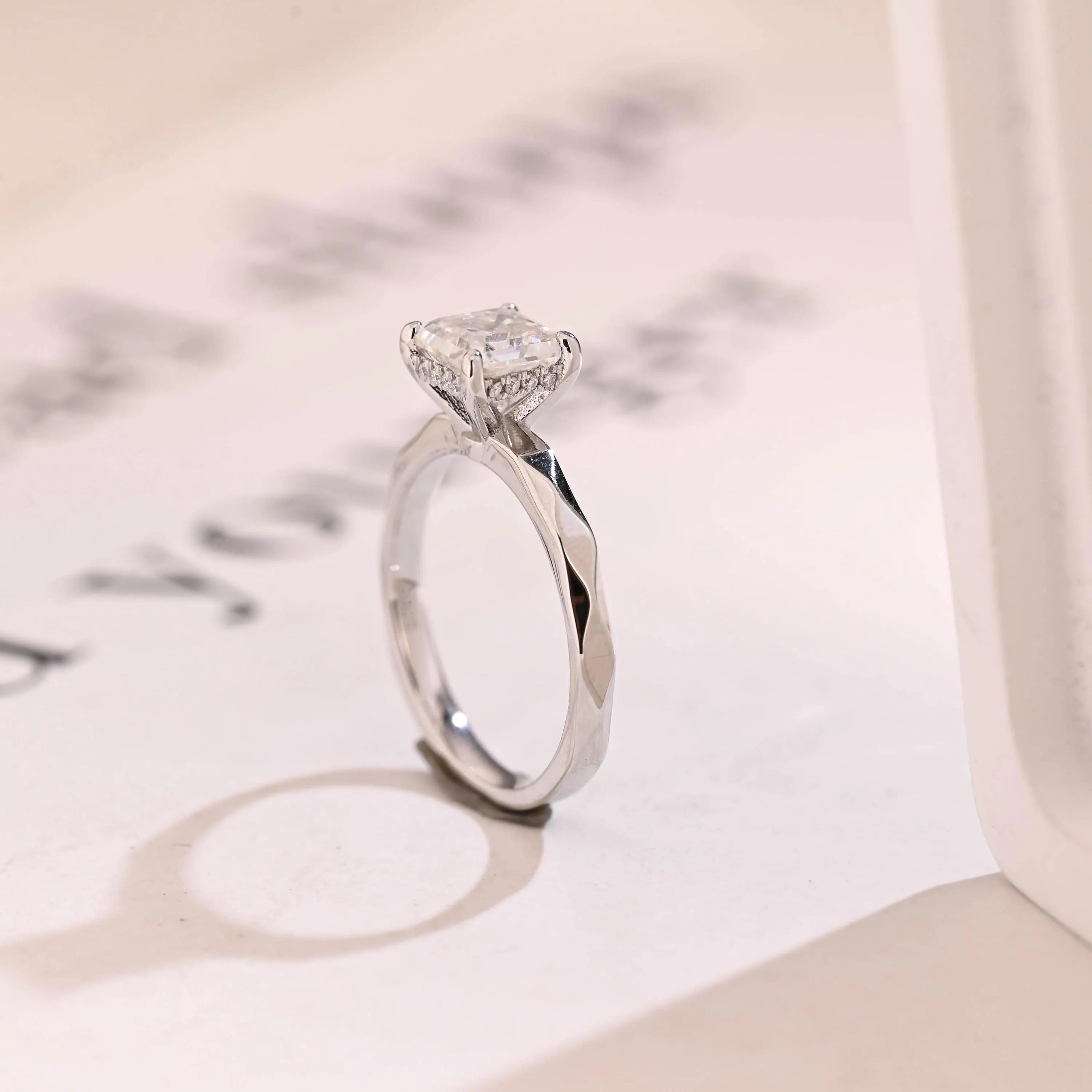 Solid Gold Asscher Cut Moissanite Engagement Ring with Hidden Halo