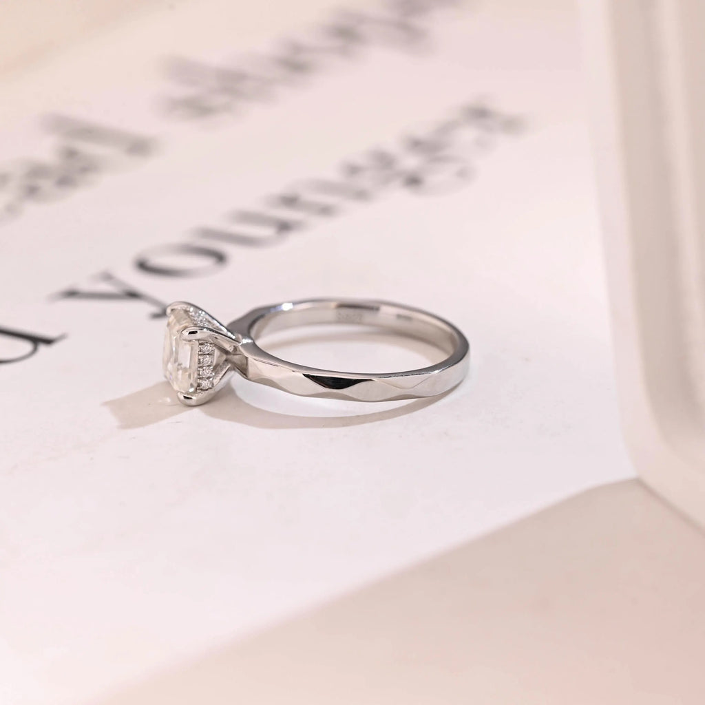Solid Gold Asscher Cut Moissanite Engagement Ring with Hidden Halo