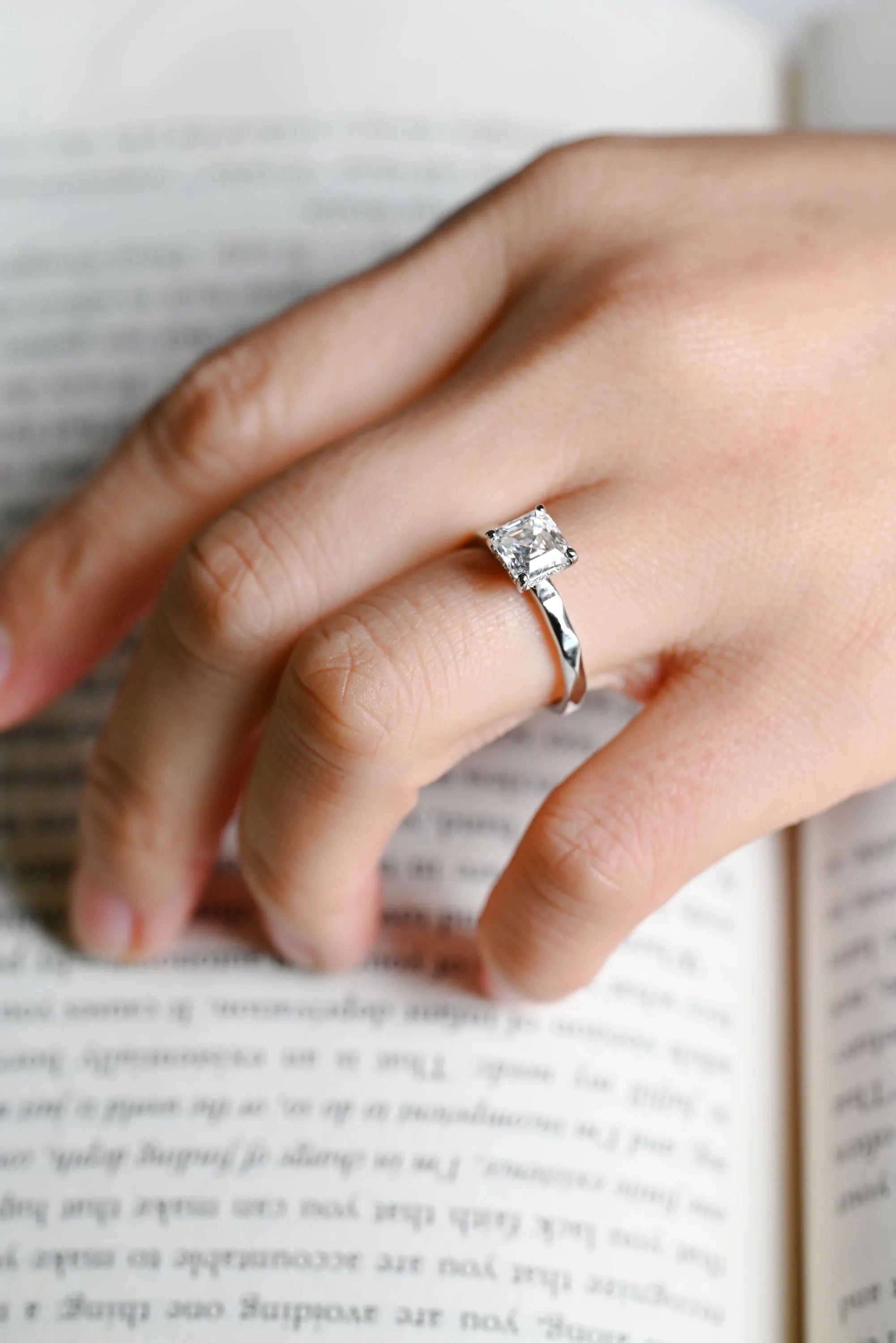Solid Gold Asscher Cut Moissanite Engagement Ring with Hidden Halo