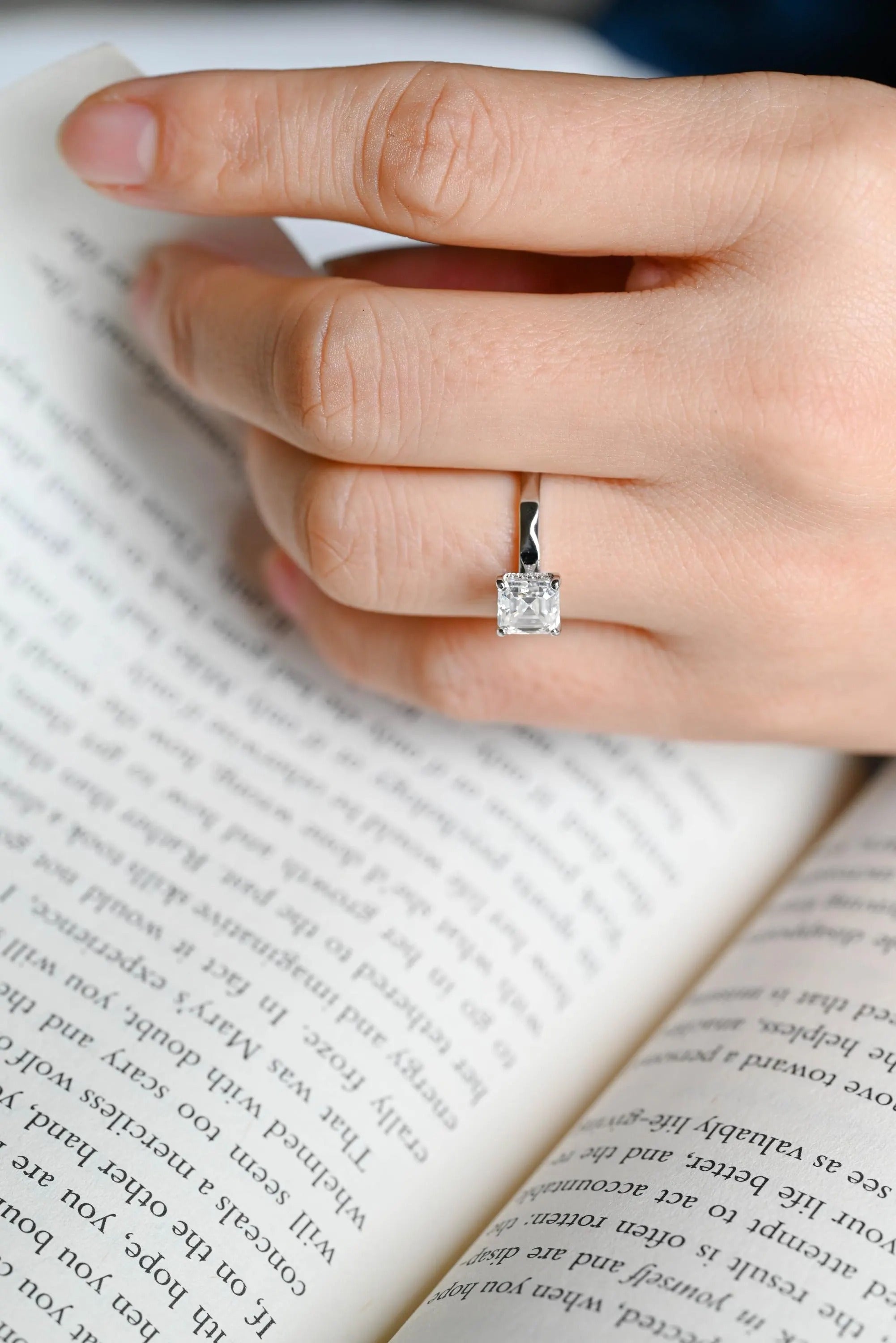 Solid Gold Asscher Cut Moissanite Engagement Ring with Hidden Halo